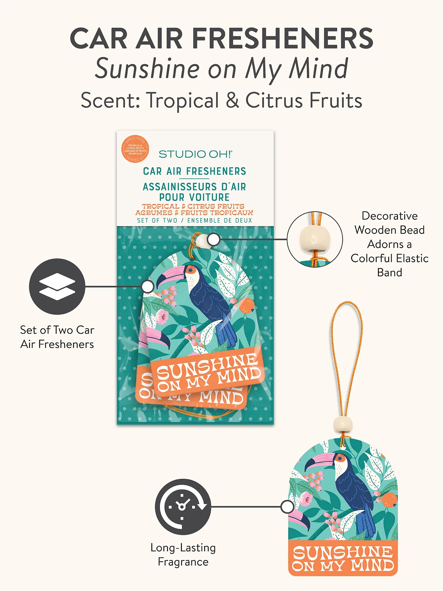 Sunshine tropical toucan car air freshener with colorful foliage from Funky Confetti