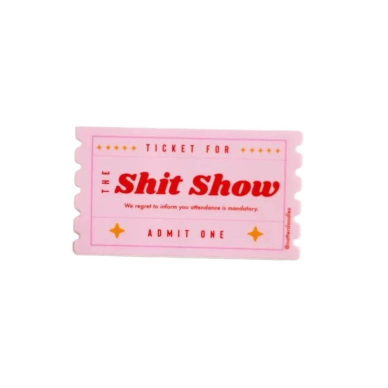 Pink funny ticket-inspired waterproof vinyl sticker from Funky Confetti
