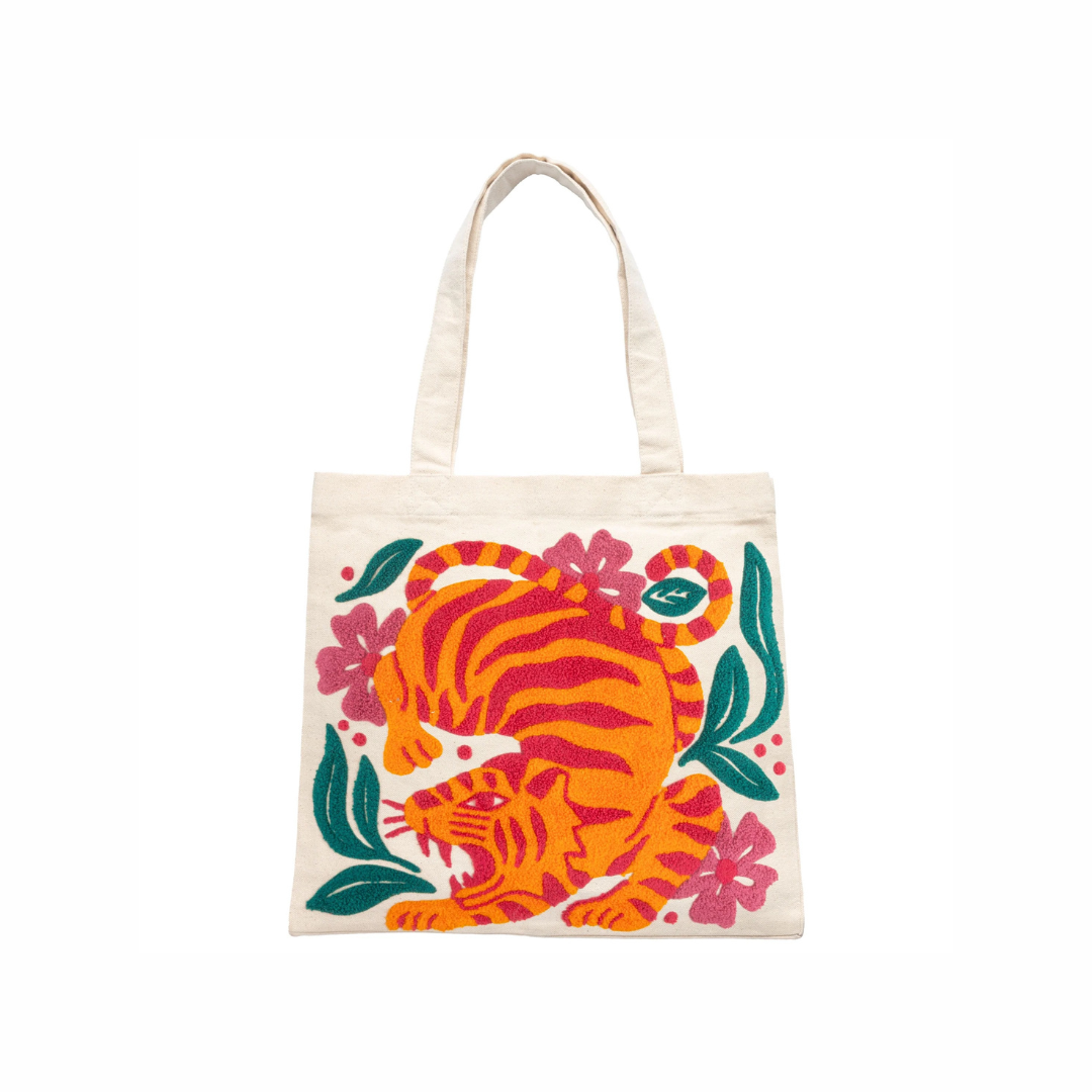 Tiger embroidered floral canvas tote bag from Funky Confetti