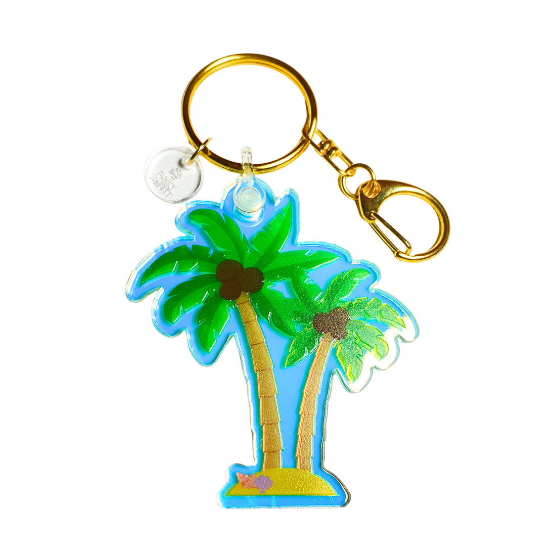 Tropical palm tree acrylic keychain with beach scene, glitter details, and gold hardware from Funky Confetti