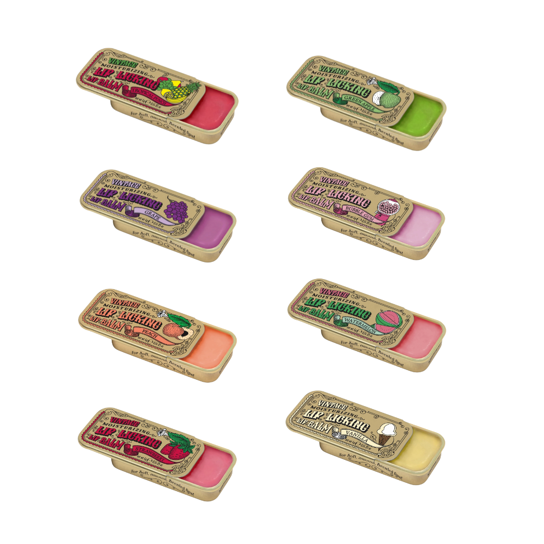 Vintage style flavored lip balm in gold tin with natural moisturizing formula and multiple scent options