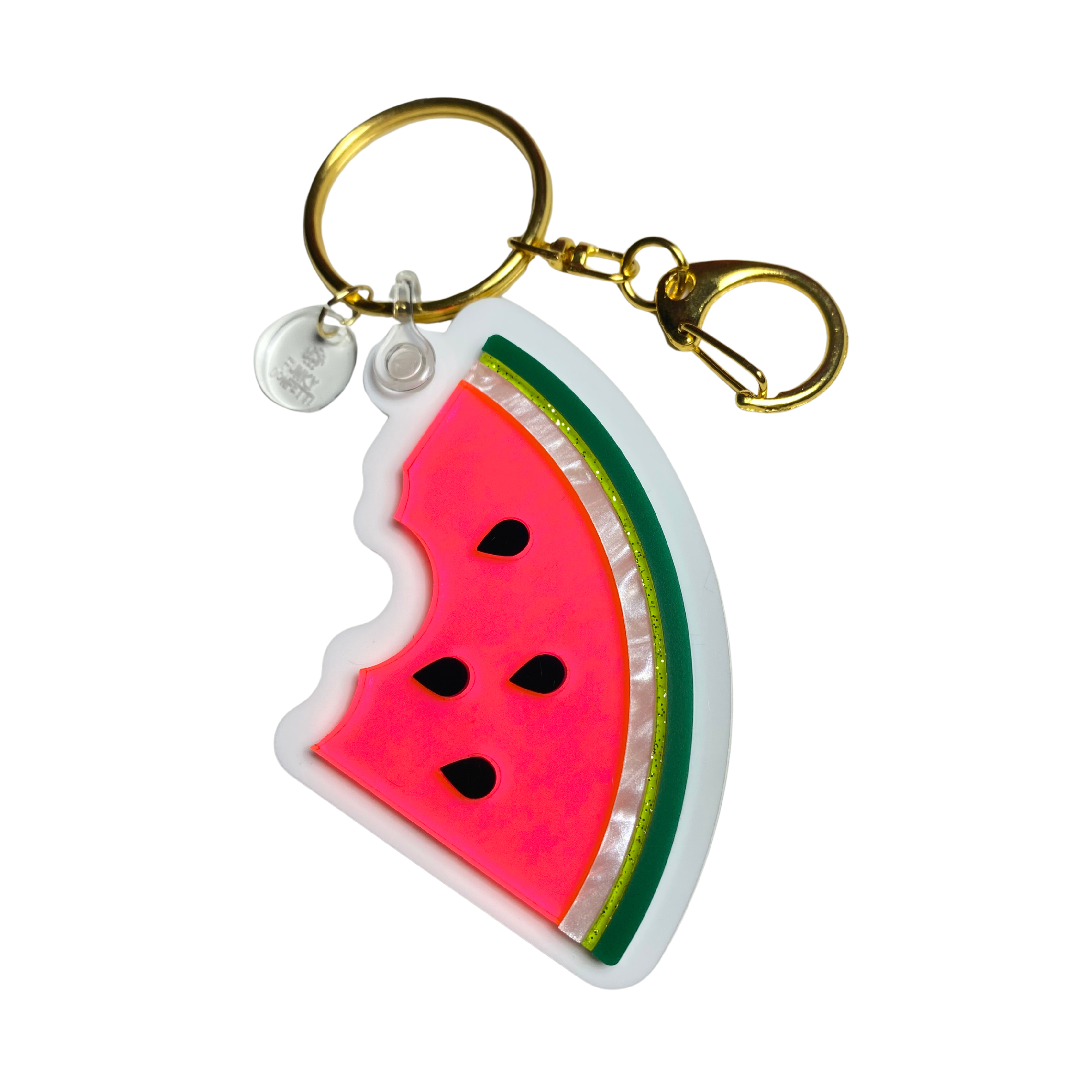 Watermelon slice acrylic keychain with bright pink center, green rind, and gold hardware from Funky Confetti