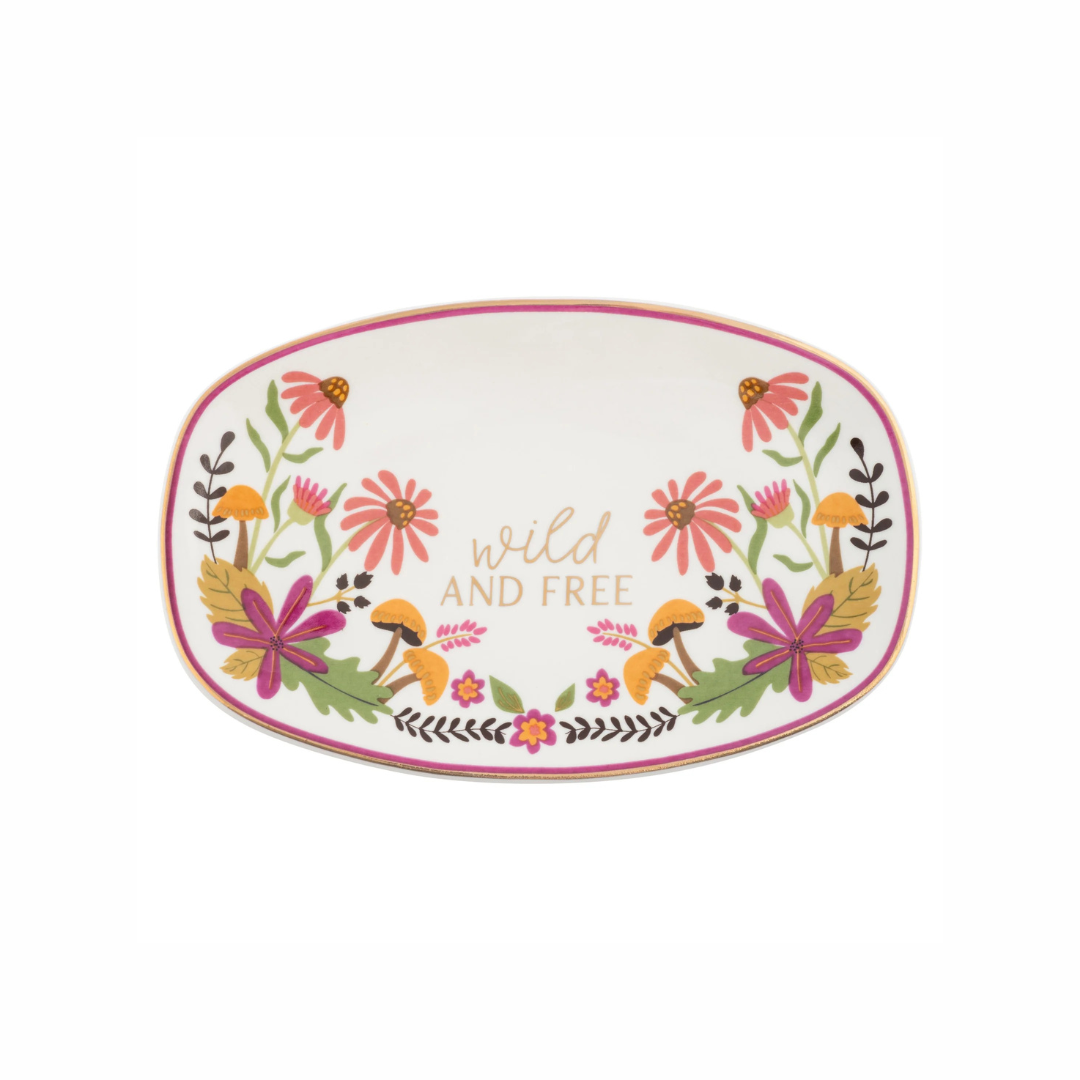 Wild and Free oval porcelain trinket dish with floral design and gold trim