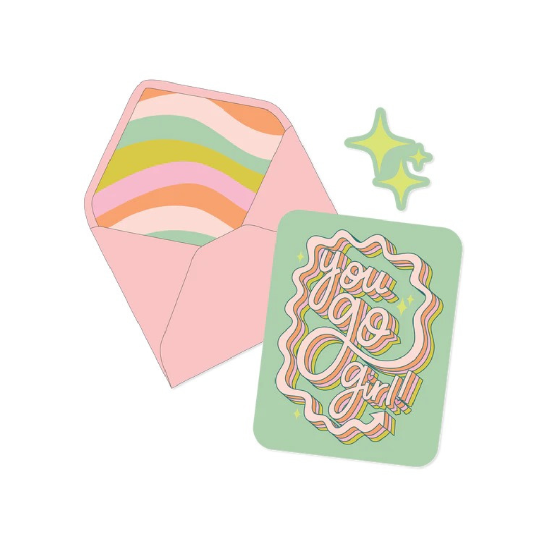 Retro colorful You Go Girl greeting card with matching envelope and closure sticker set