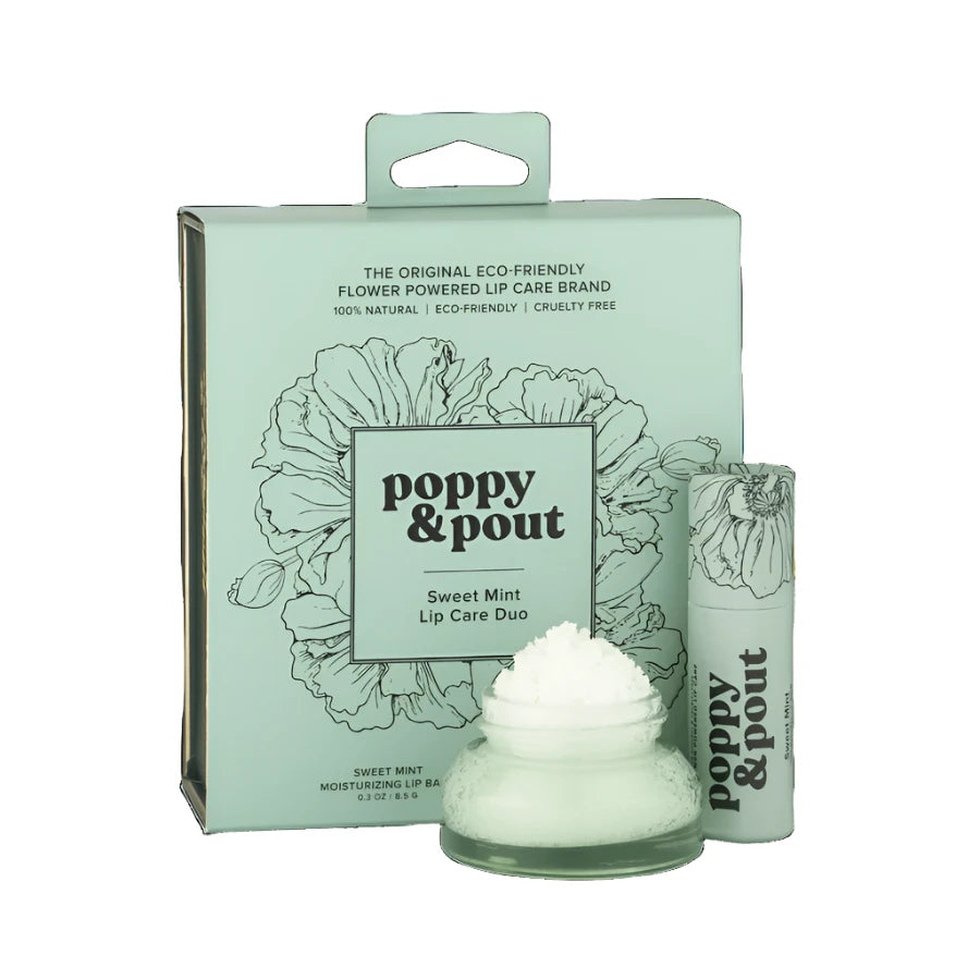 Gift-ready Sweet Mint lip care set in recyclable green box by Poppy & Pout.