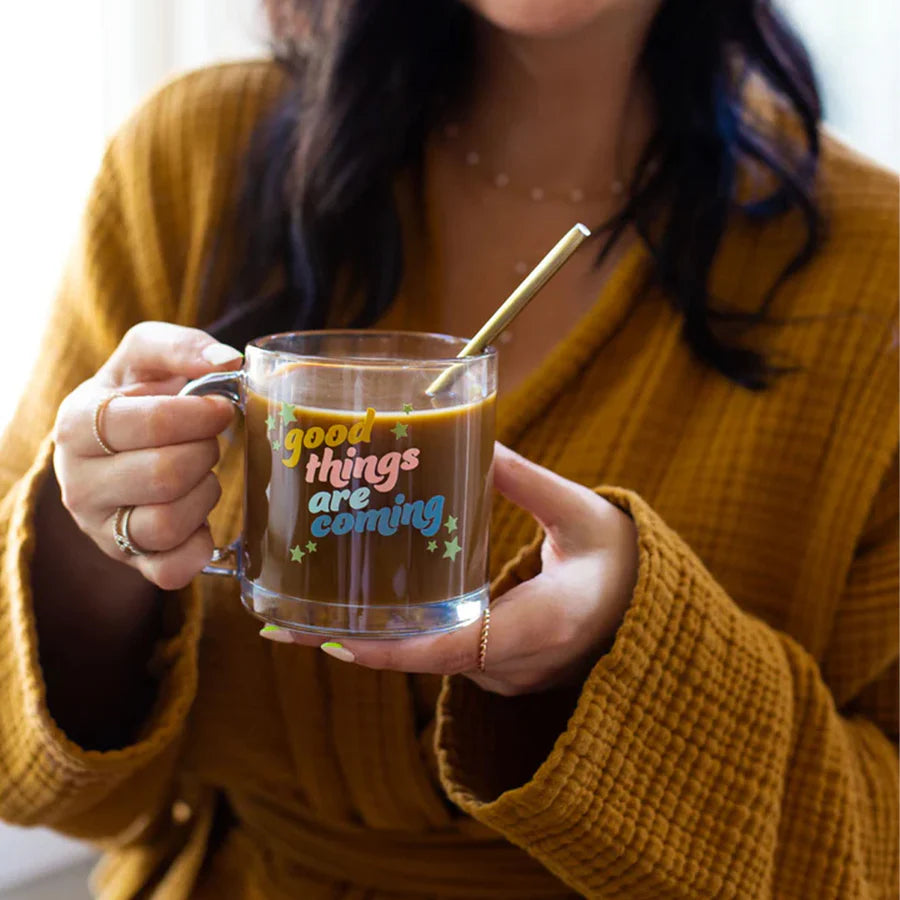 13oz clear glass mug with “Good Things Are Coming” pastel design and stars from Funky Confetti
