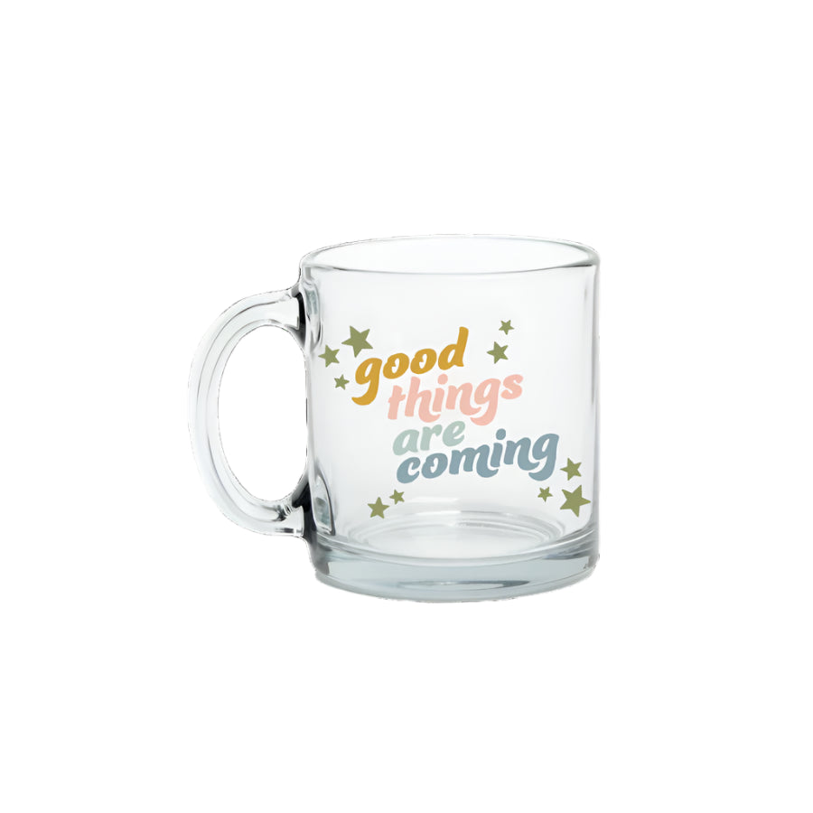 13oz clear glass mug with “Good Things Are Coming” pastel design and stars from Funky Confetti