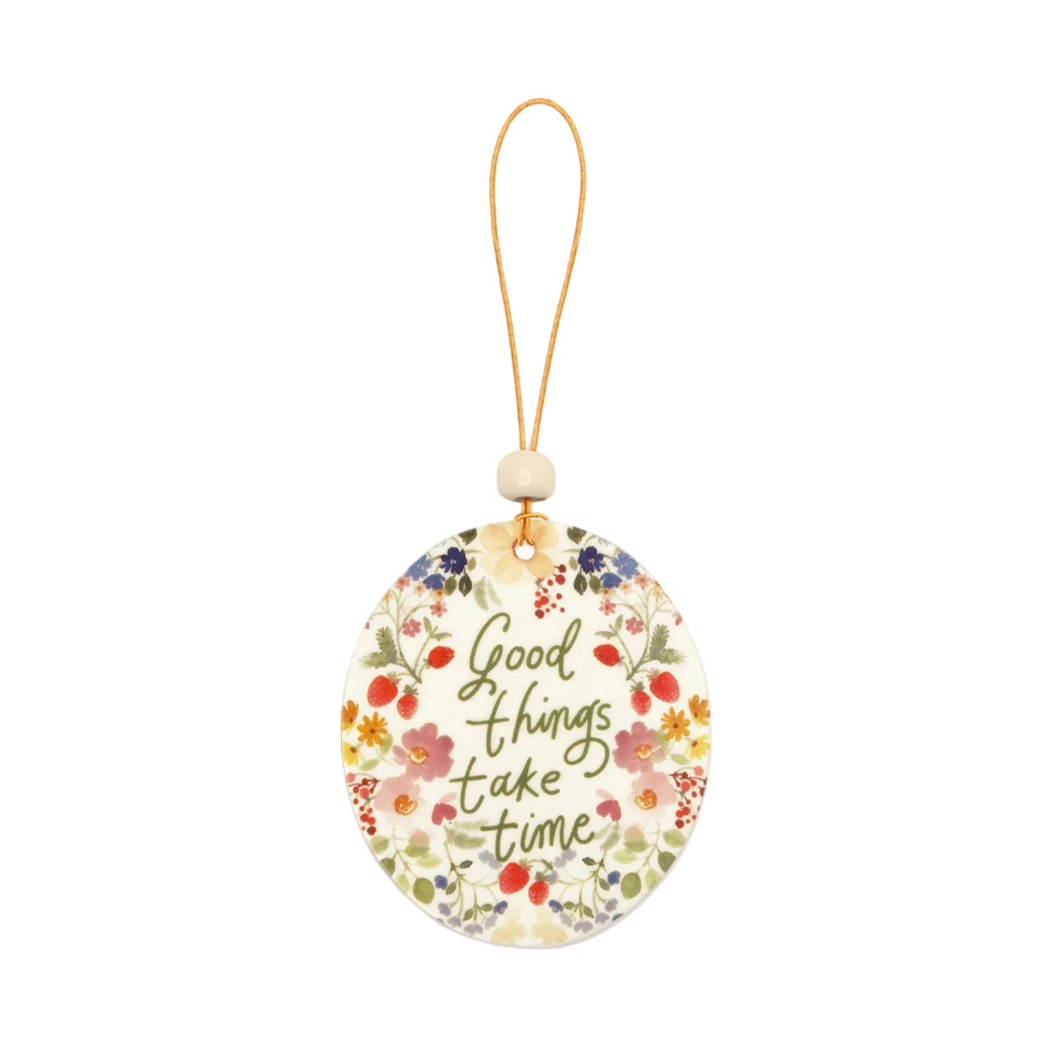 Good Things Car Air Freshener – floral round design with “Good Things Take Time” quote – Funky Confetti