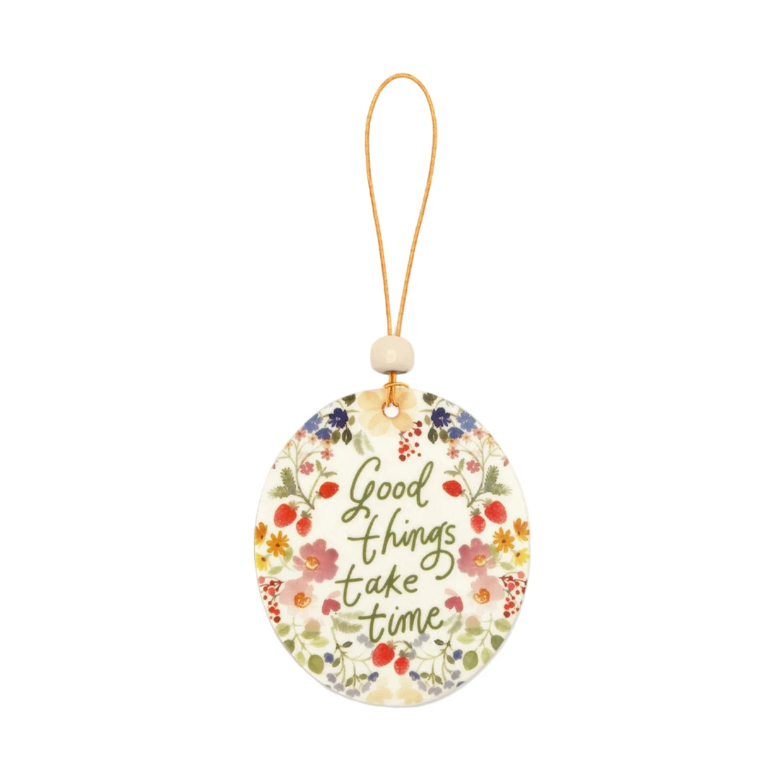 Good Things Car Air Freshener – floral round design with “Good Things Take Time” quote – Funky Confetti