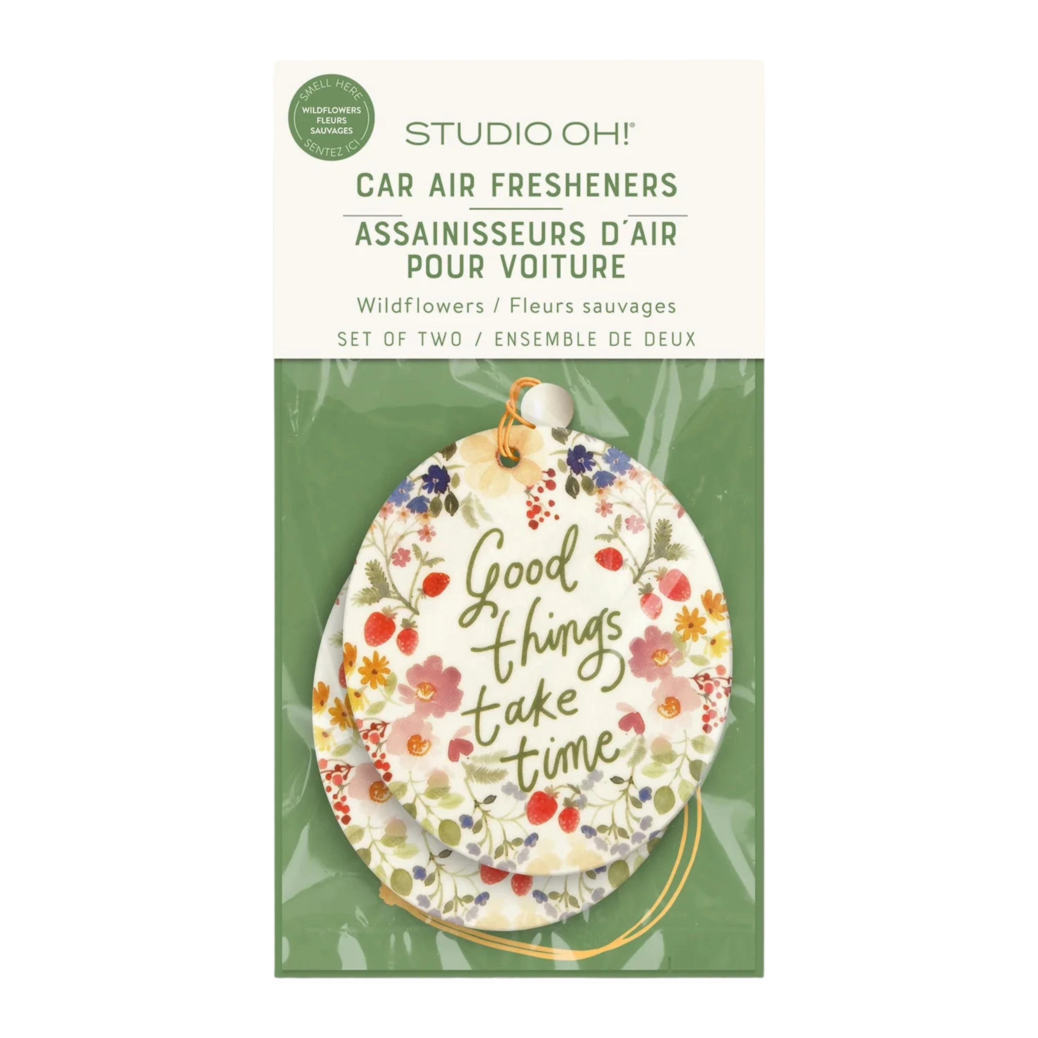 Good Things Car Air Freshener – floral round design with “Good Things Take Time” quote – Funky Confetti
