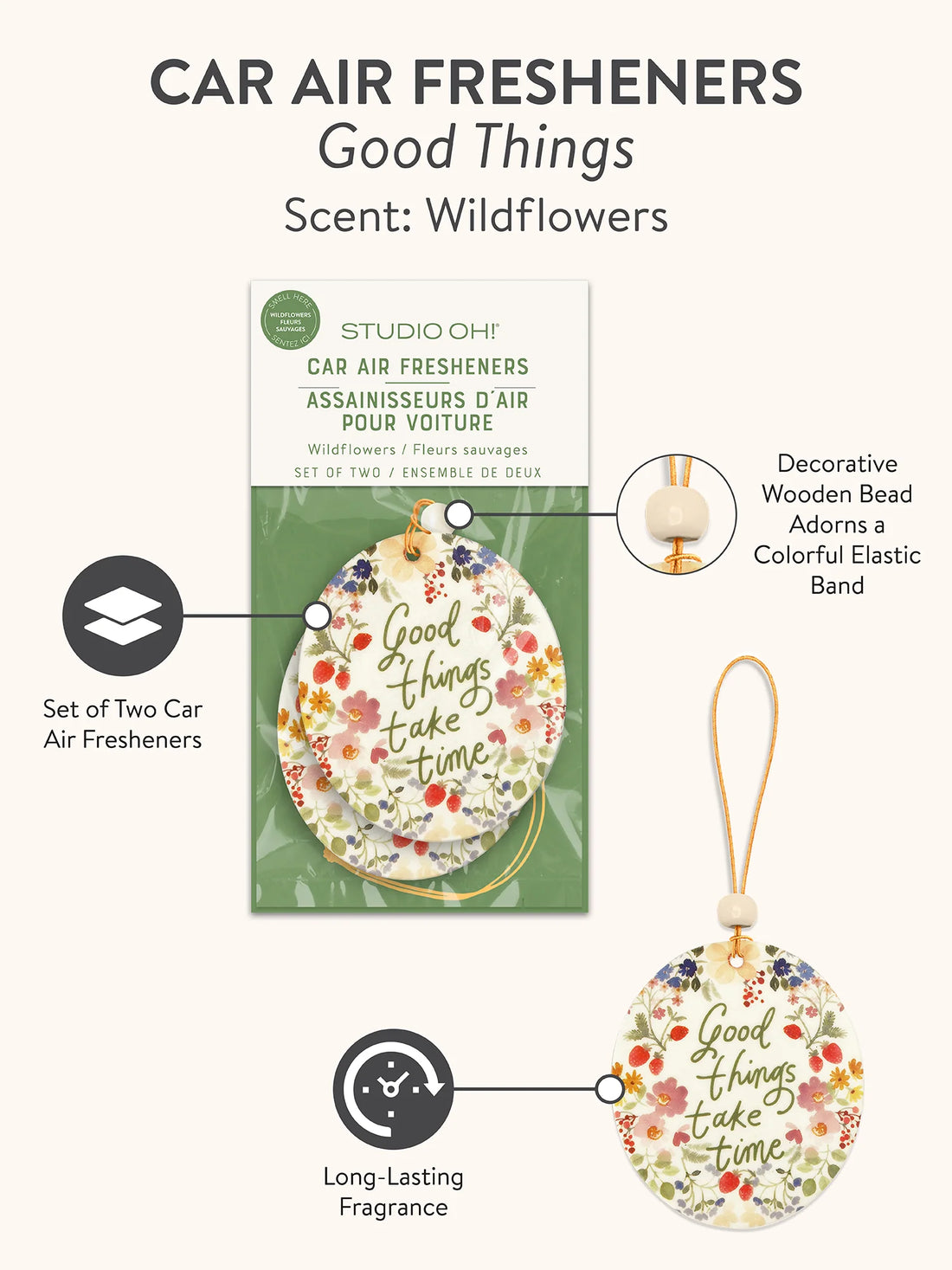 Good Things Car Air Freshener – floral round design with “Good Things Take Time” quote – Funky Confetti