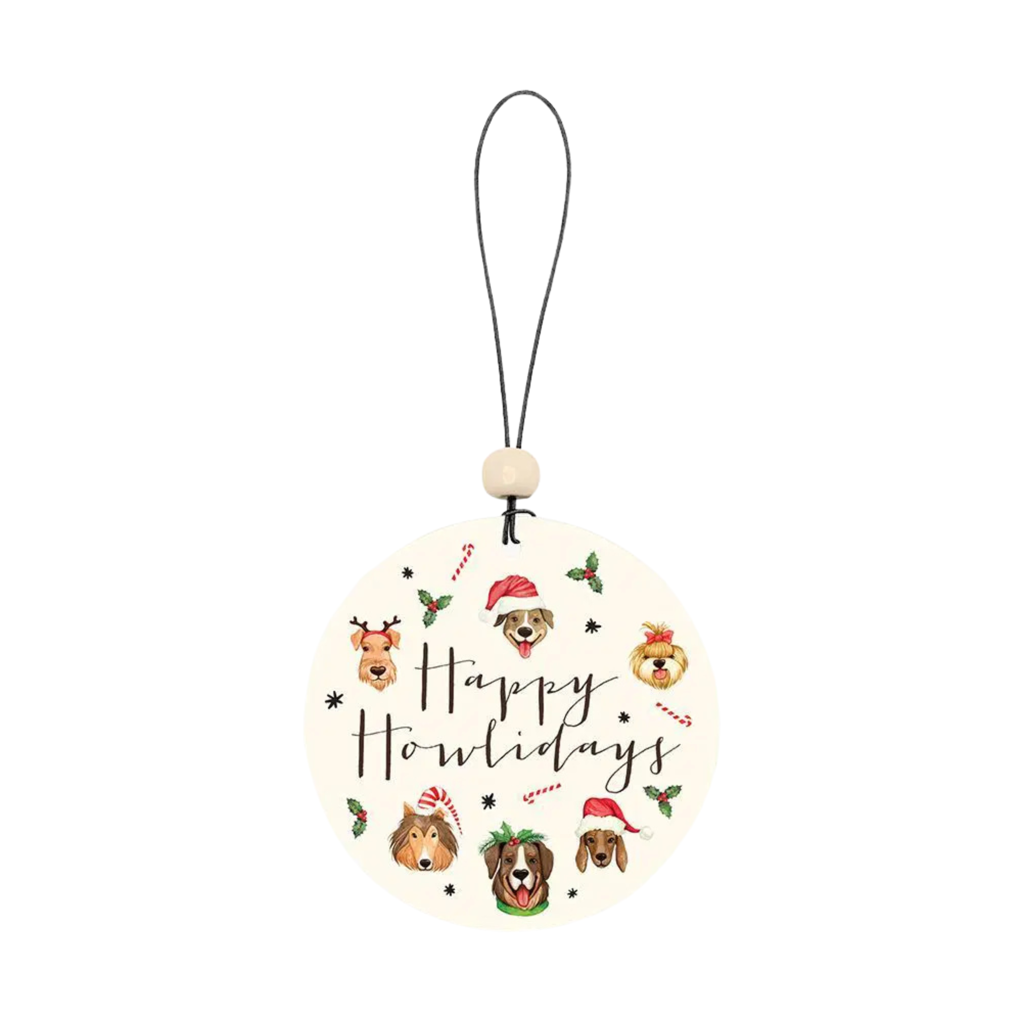 Happy Howlidays Air Freshener – festive round design with dogs in Santa hats and candy canes – Funky Confetti
