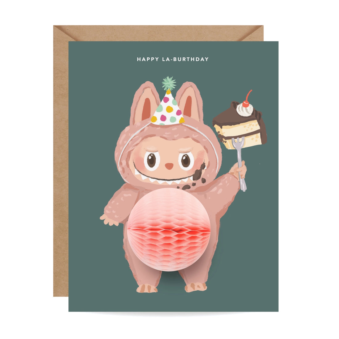 Birthday greeting card featuring cute Labubu monster in party hat holding cake with 3D honeycomb belly pop-up – Funky Confetti