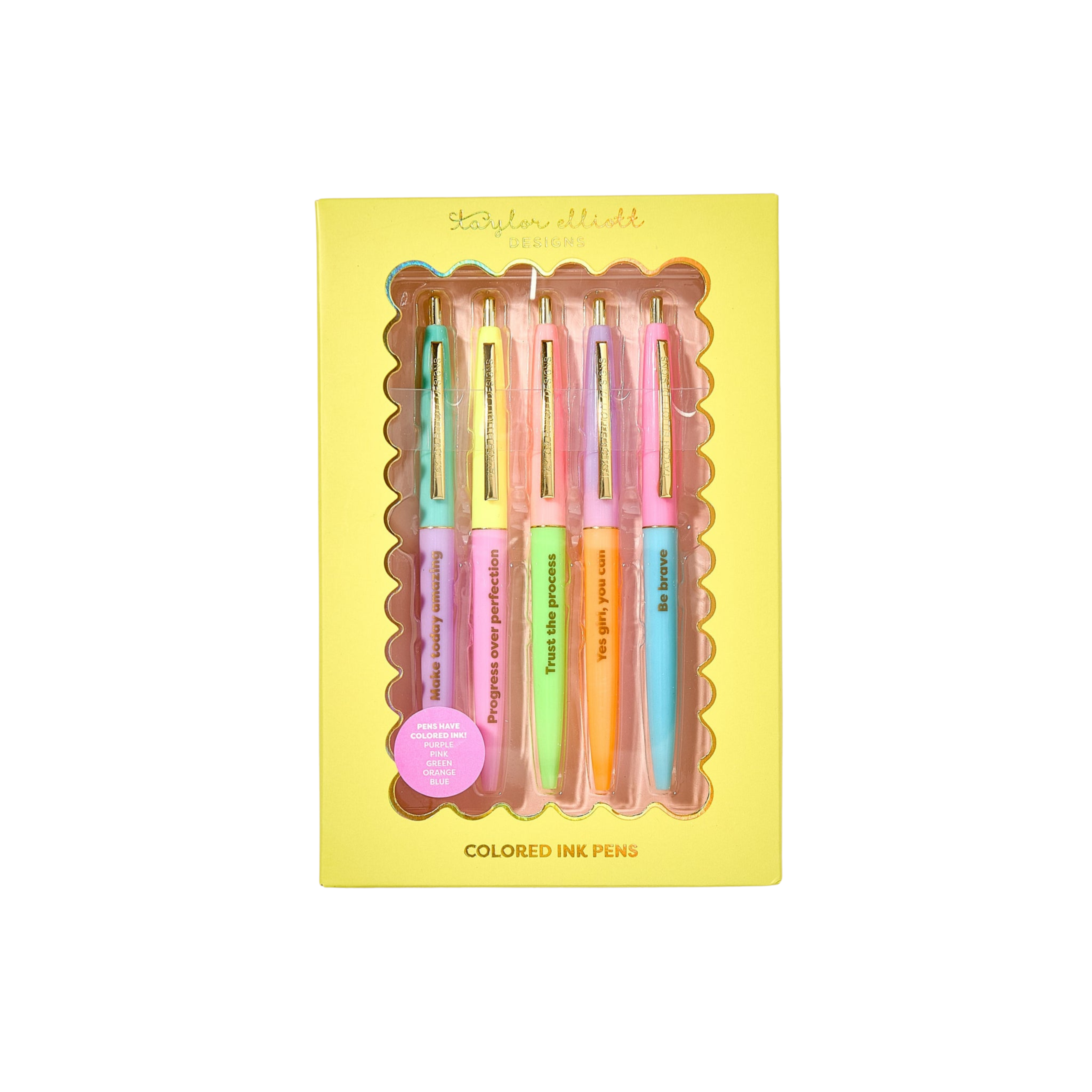 Set of 5 colorful ballpoint pens with motivational sayings and gold foil details in yellow gift box – Funky Confetti