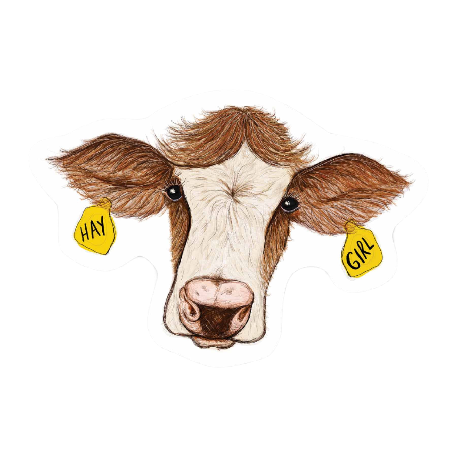 Hay Girl Sticker with cow illustration and ear tags reading “Hay” and “Girl” – Funky Confetti