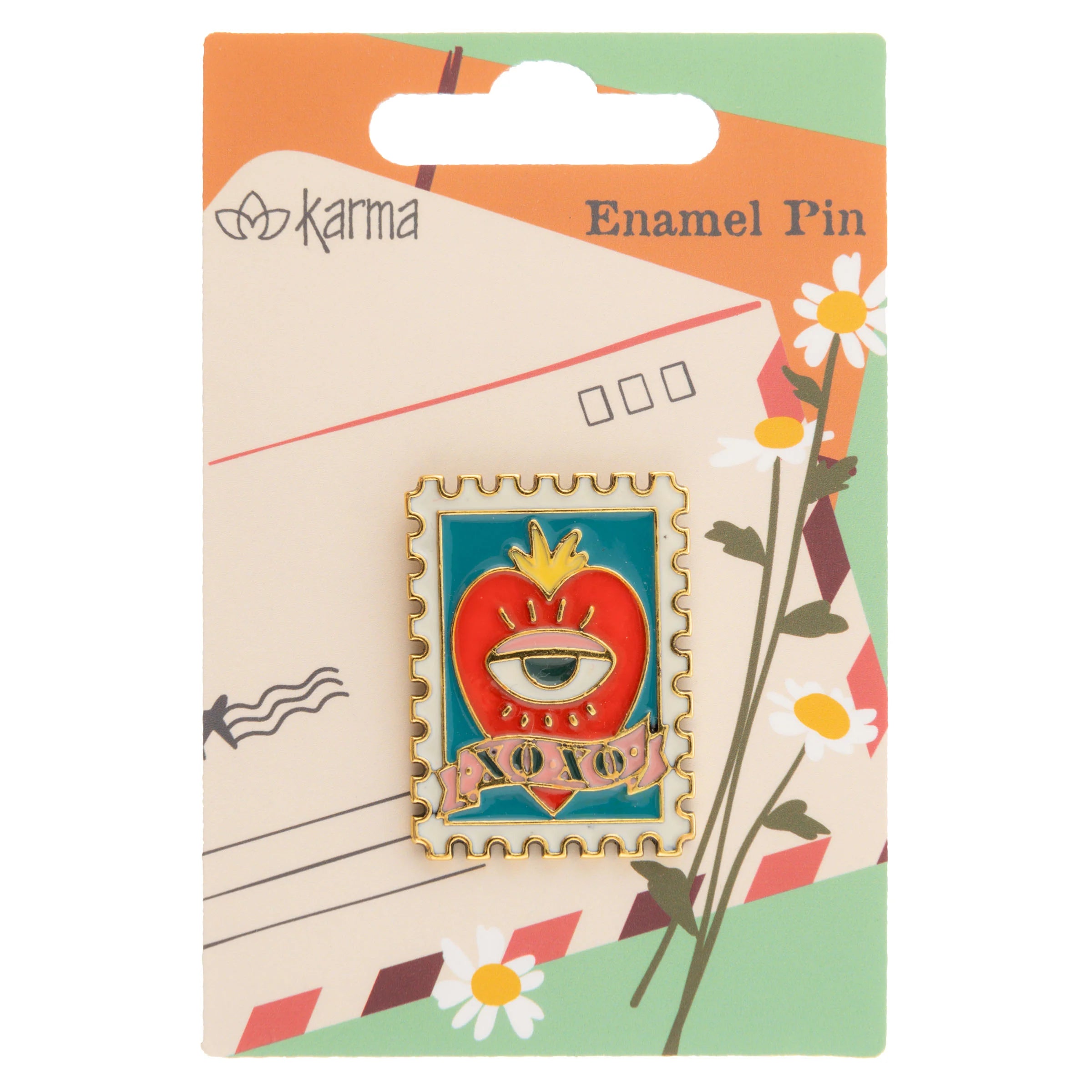 Heart Stamp Enamel Pin with red heart, eye, crown, and XOXO banner – Funky Confetti
