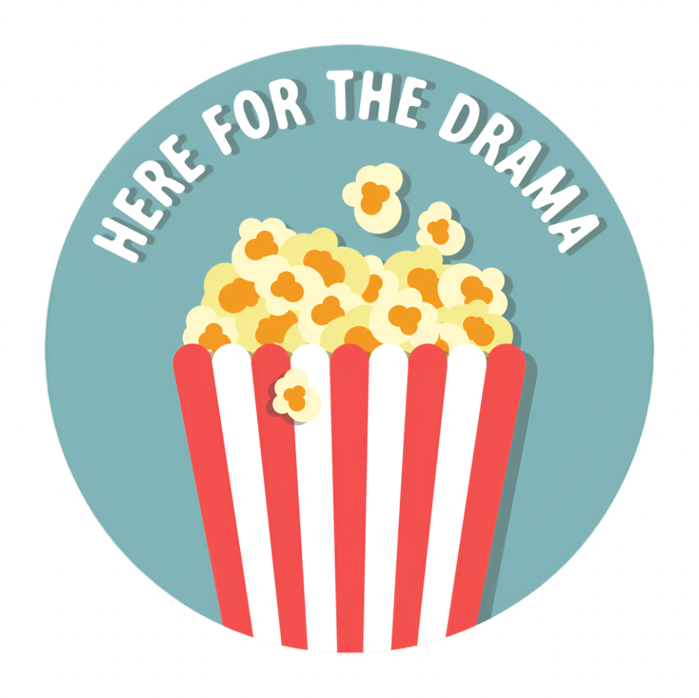 ound teal sticker with red-and-white striped popcorn bucket and the text “HERE FOR THE DRAMA.”