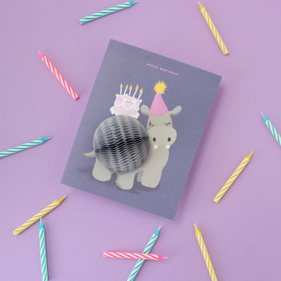 Hippo Birthday Pop-Up Greeting Card with 3D honeycomb belly and party hat – Funky Confetti