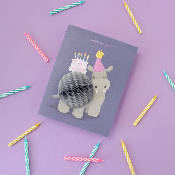 Hippo Birthday Pop-Up Greeting Card with 3D honeycomb belly and party hat – Funky Confetti