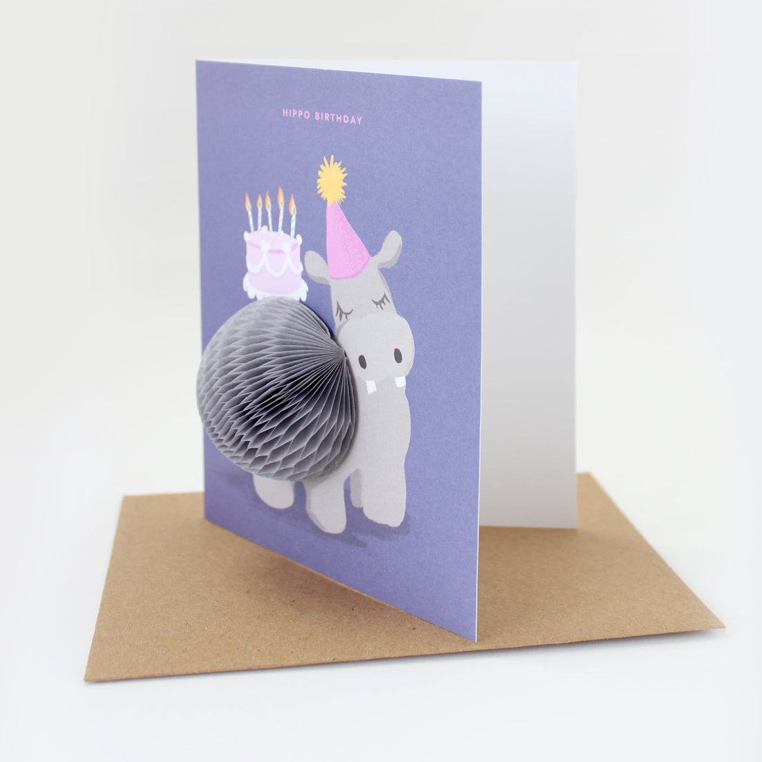 Hippo Birthday Pop-Up Greeting Card with 3D honeycomb belly and party hat – Funky Confetti