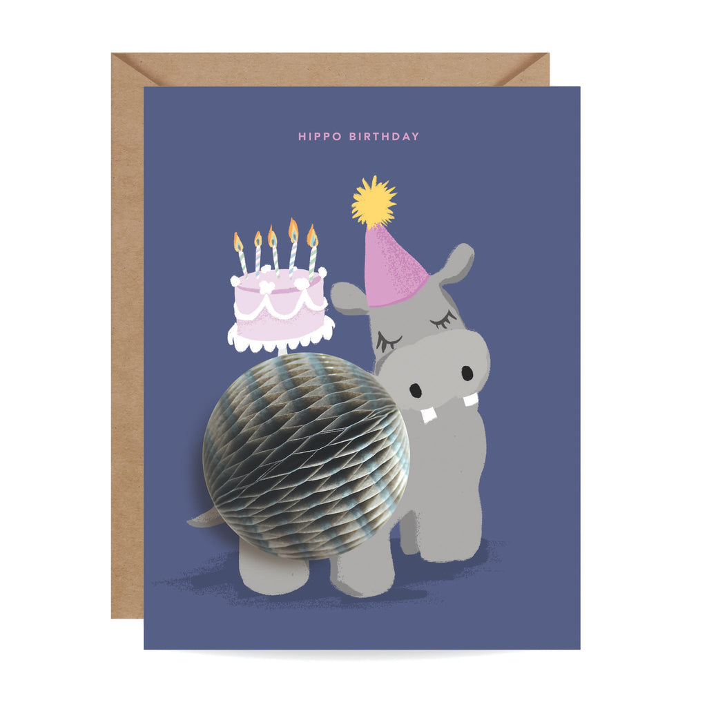 Hippo Birthday Pop-Up Greeting Card with 3D honeycomb belly and party hat – Funky Confetti