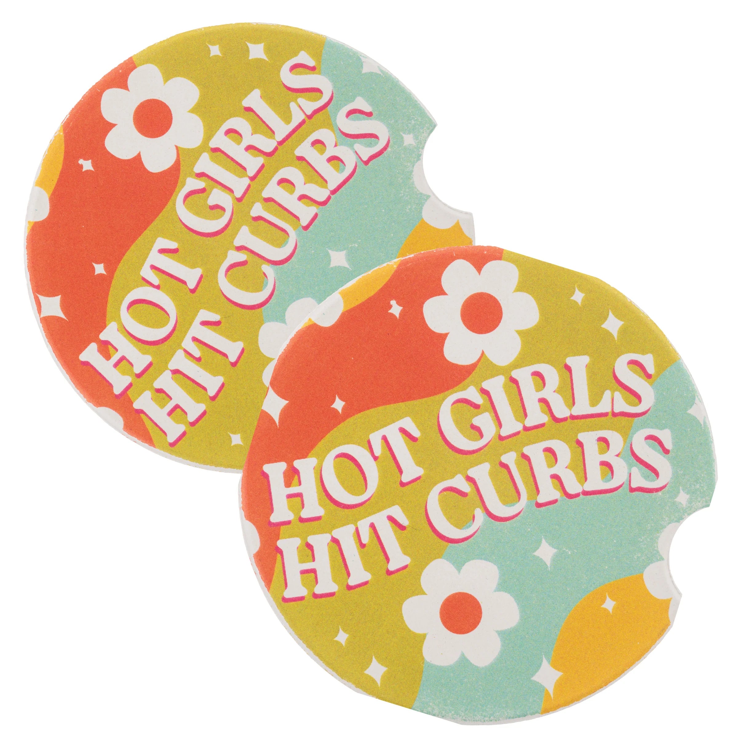 Hit Curbs Car Coasters with retro floral design and text “Hot Girls Hit Curbs” – Funky Confetti