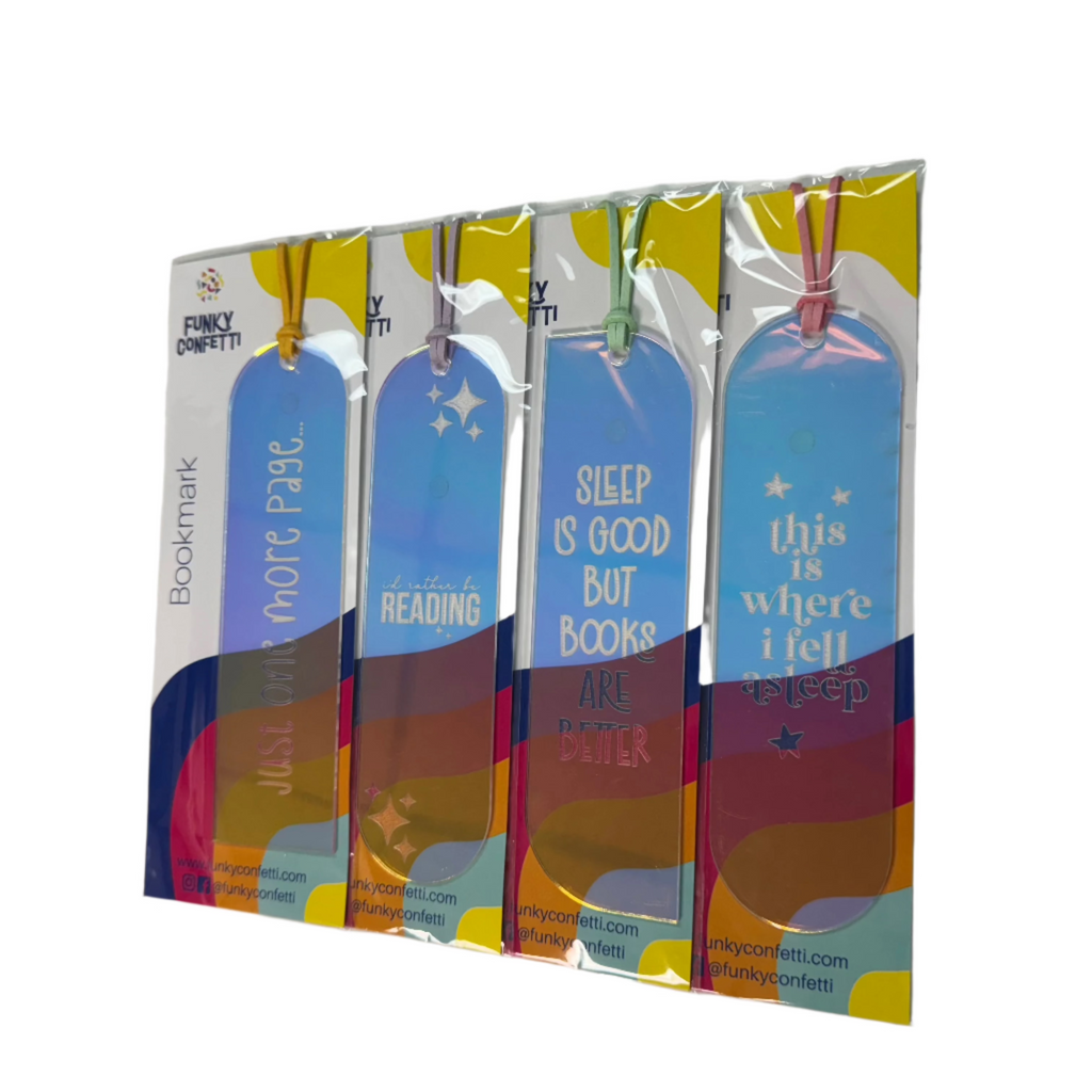 Set of holographic bookmarks with engraved quotes and colorful surprise cords from Funky Confetti