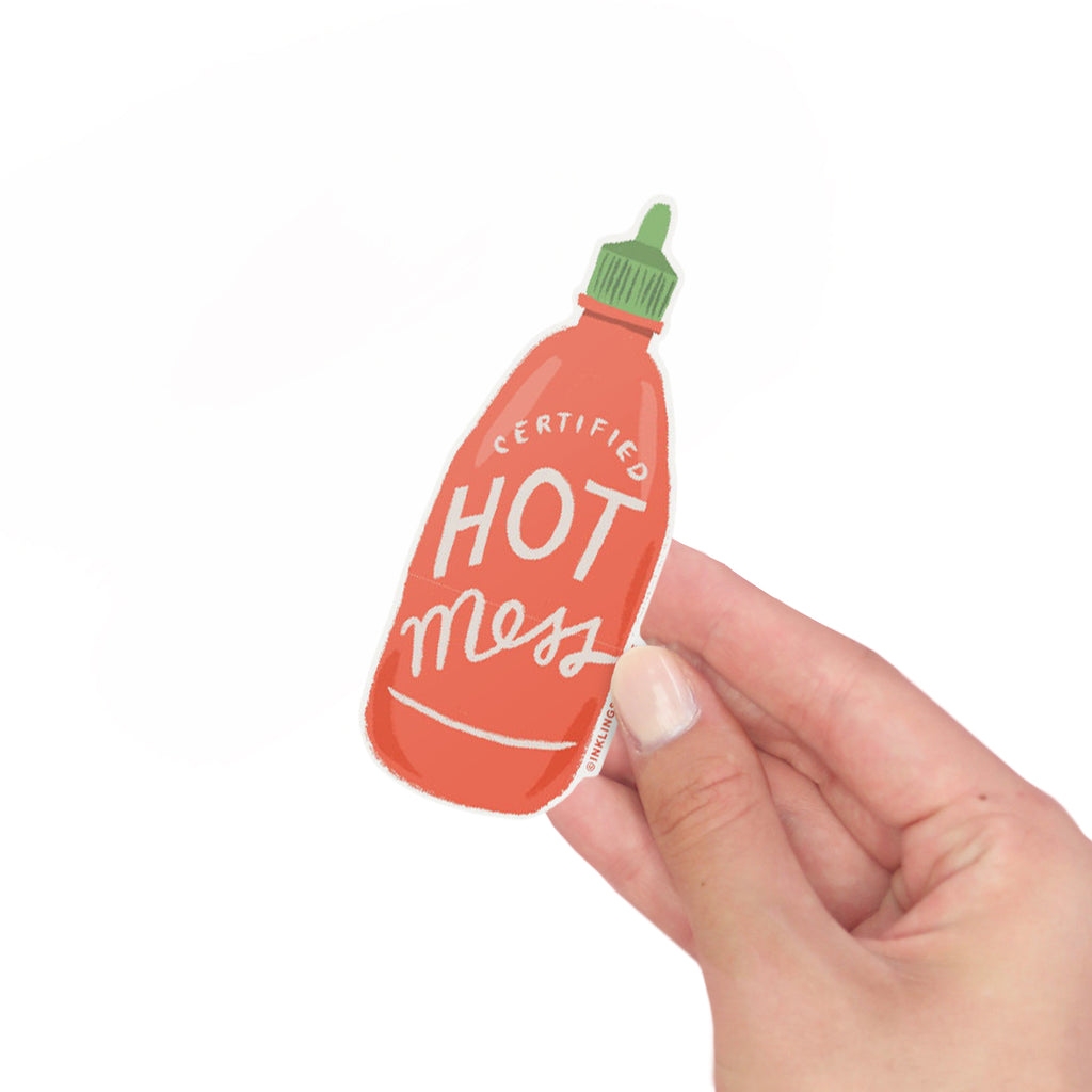 Hot Mess vinyl sticker shaped like a red hot sauce bottle – Funky Confetti