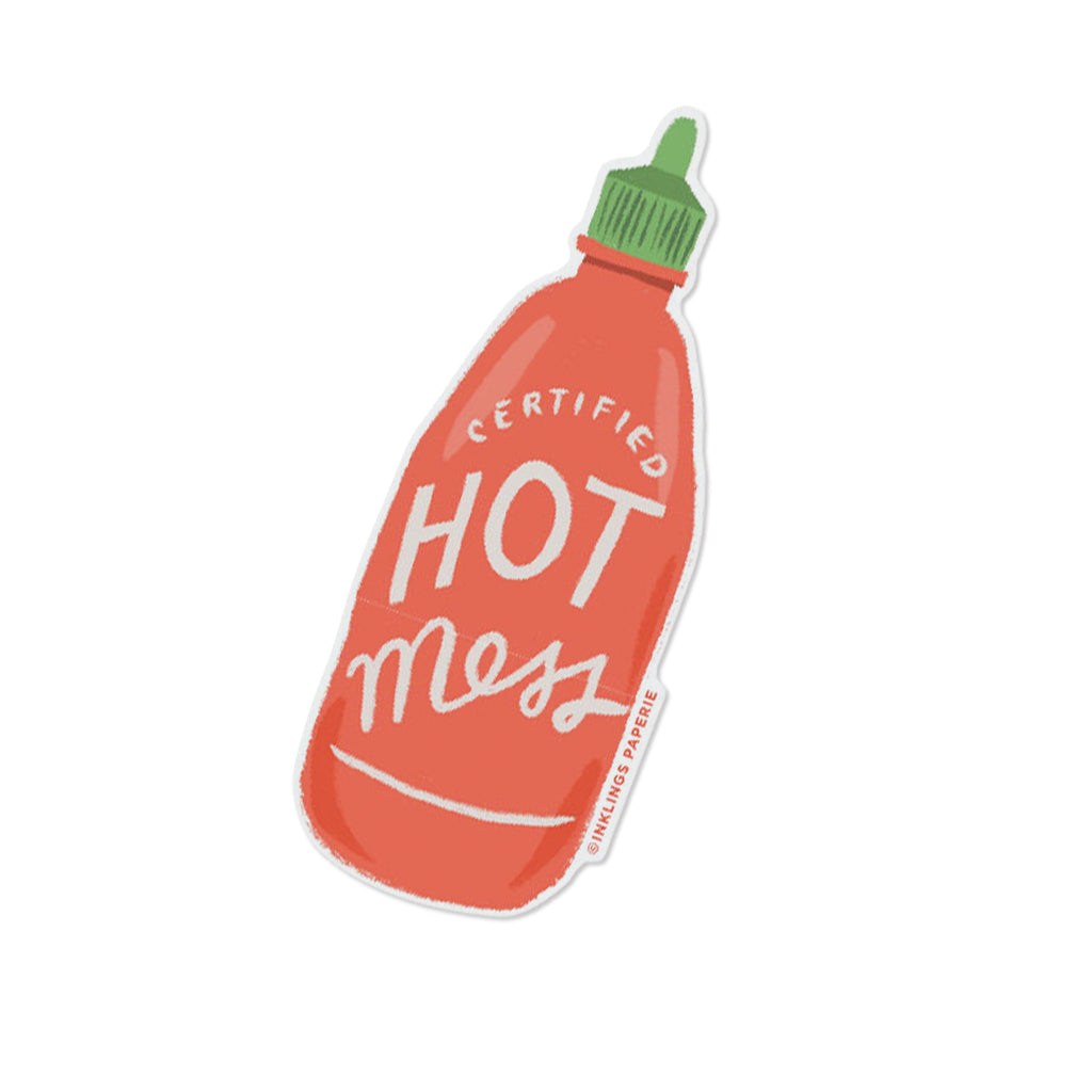 Hot Mess vinyl sticker shaped like a red hot sauce bottle – Funky Confetti