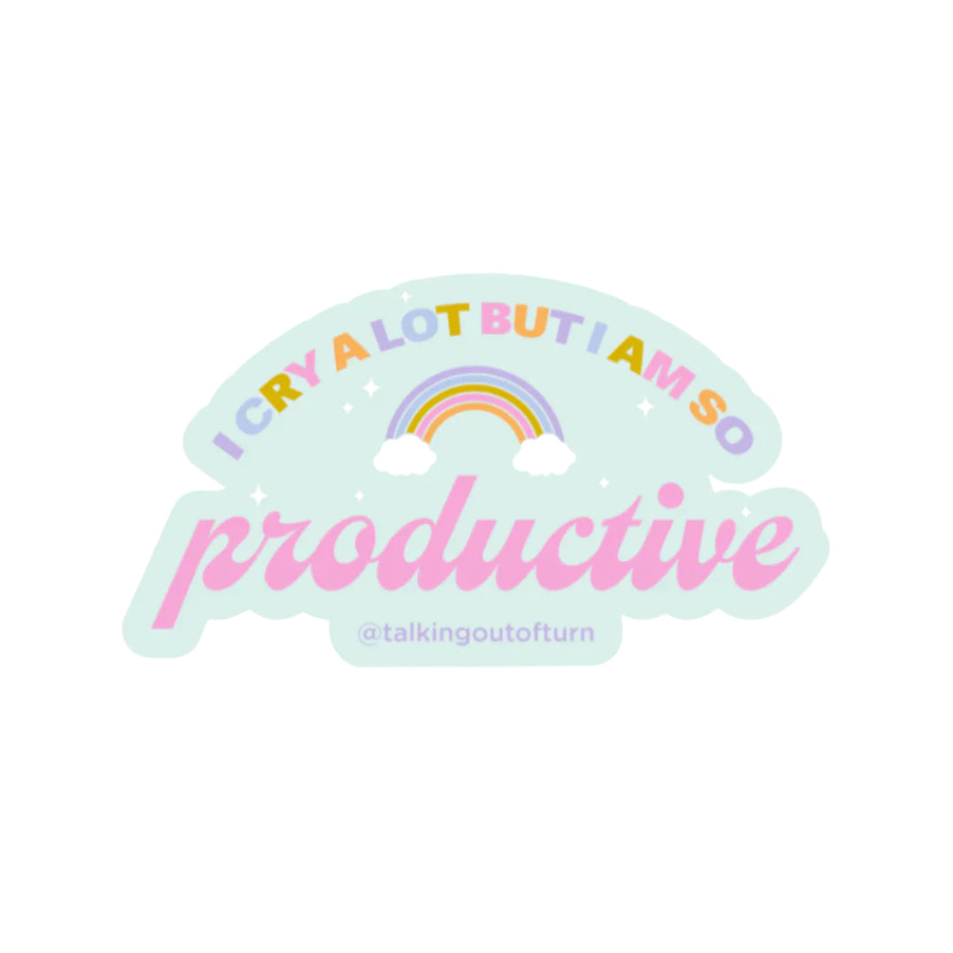 Pastel rainbow sticker with “I Cry A Lot But I’m So Productive” text by Funky Confetti