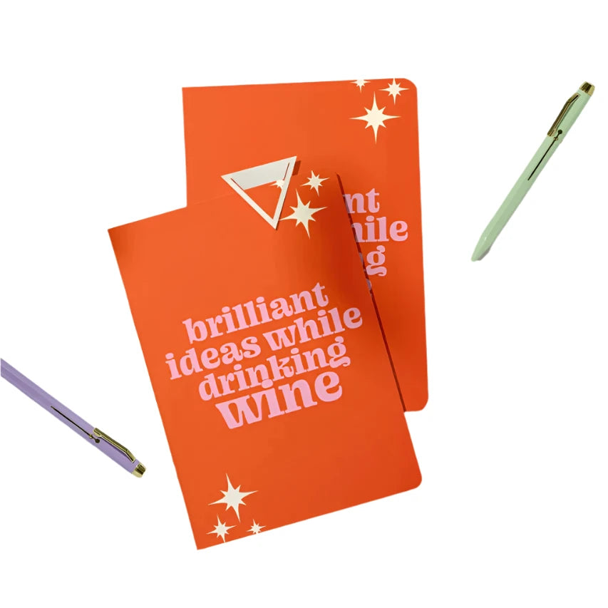 Funny red pocket journal with “brilliant ideas while drinking wine” quote, from Funky Confetti