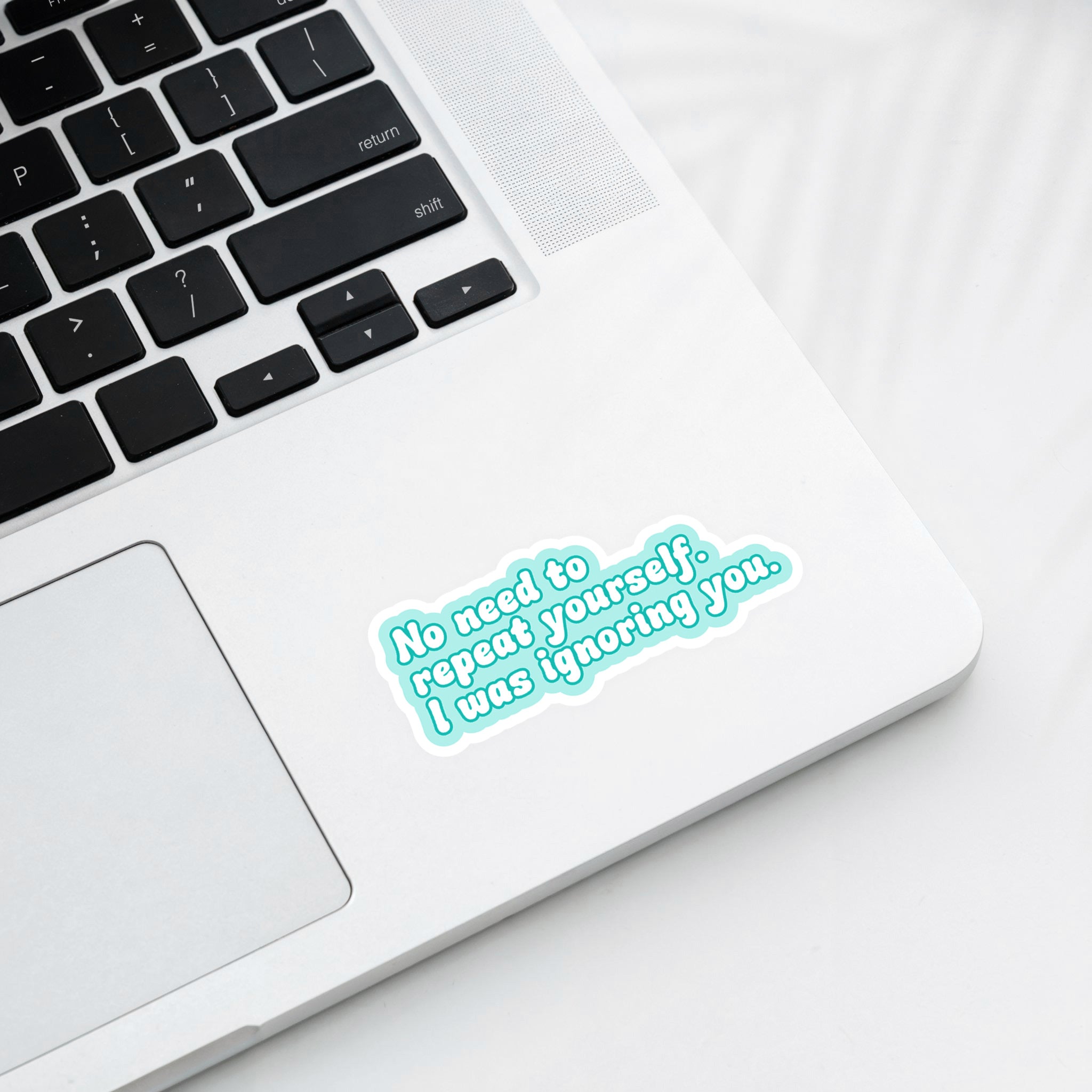 Vinyl sticker with phrase “No Need to Repeat Yourself. I Was Ignoring You.” in teal text with white border – Funky Confetti