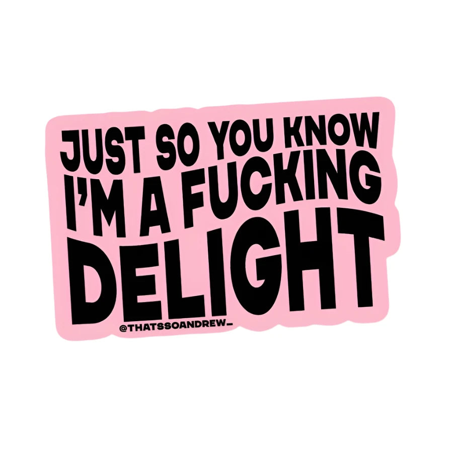 Pink vinyl sticker with bold black text saying “Just so you know I’m a f*cking delight,” from Funky Confetti