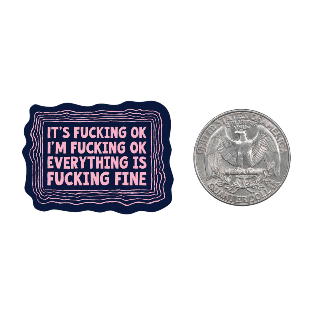 I’m Fine Mini Sticker with pink text on navy background – Funky Confetti