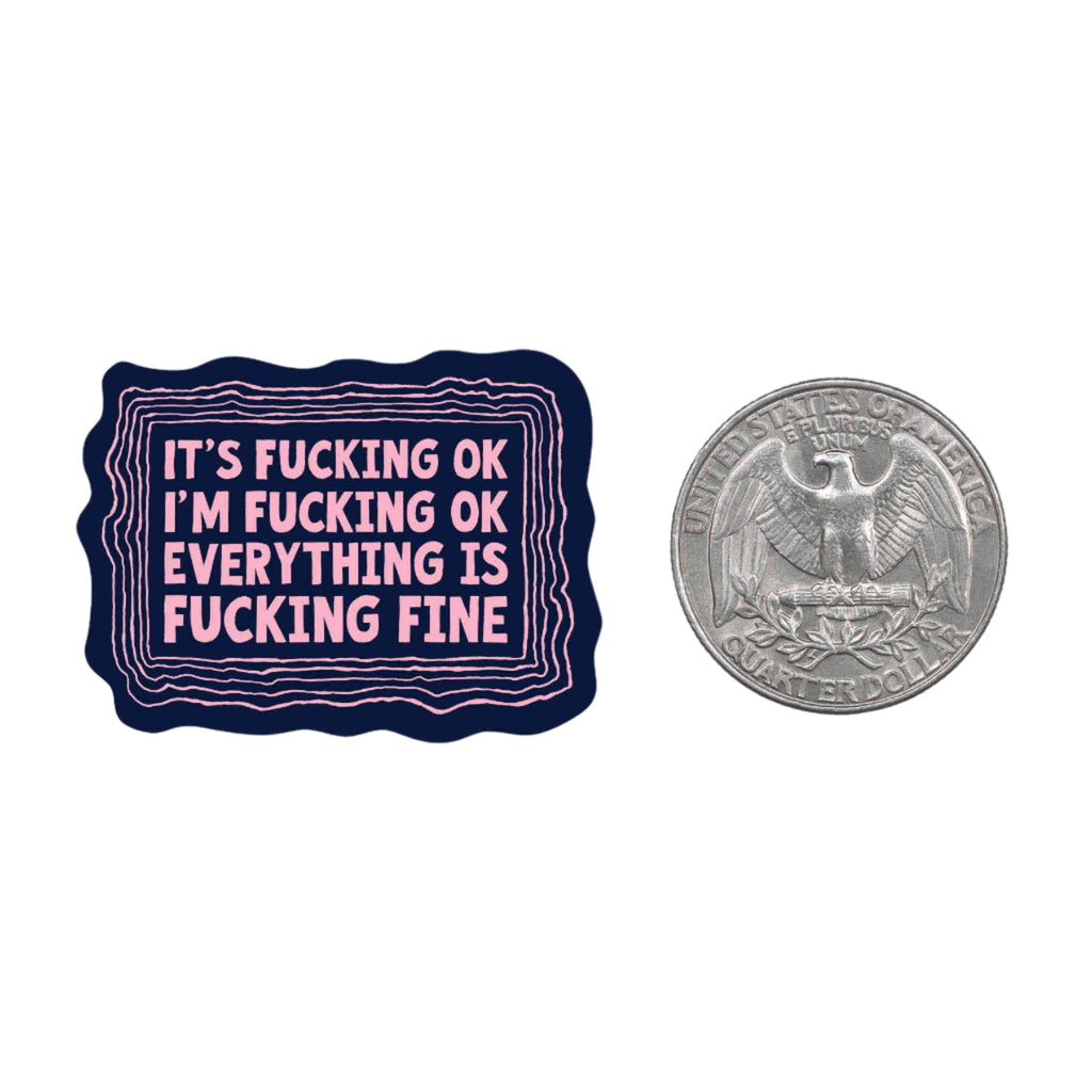 I’m Fine Mini Sticker with pink text on navy background – Funky Confetti