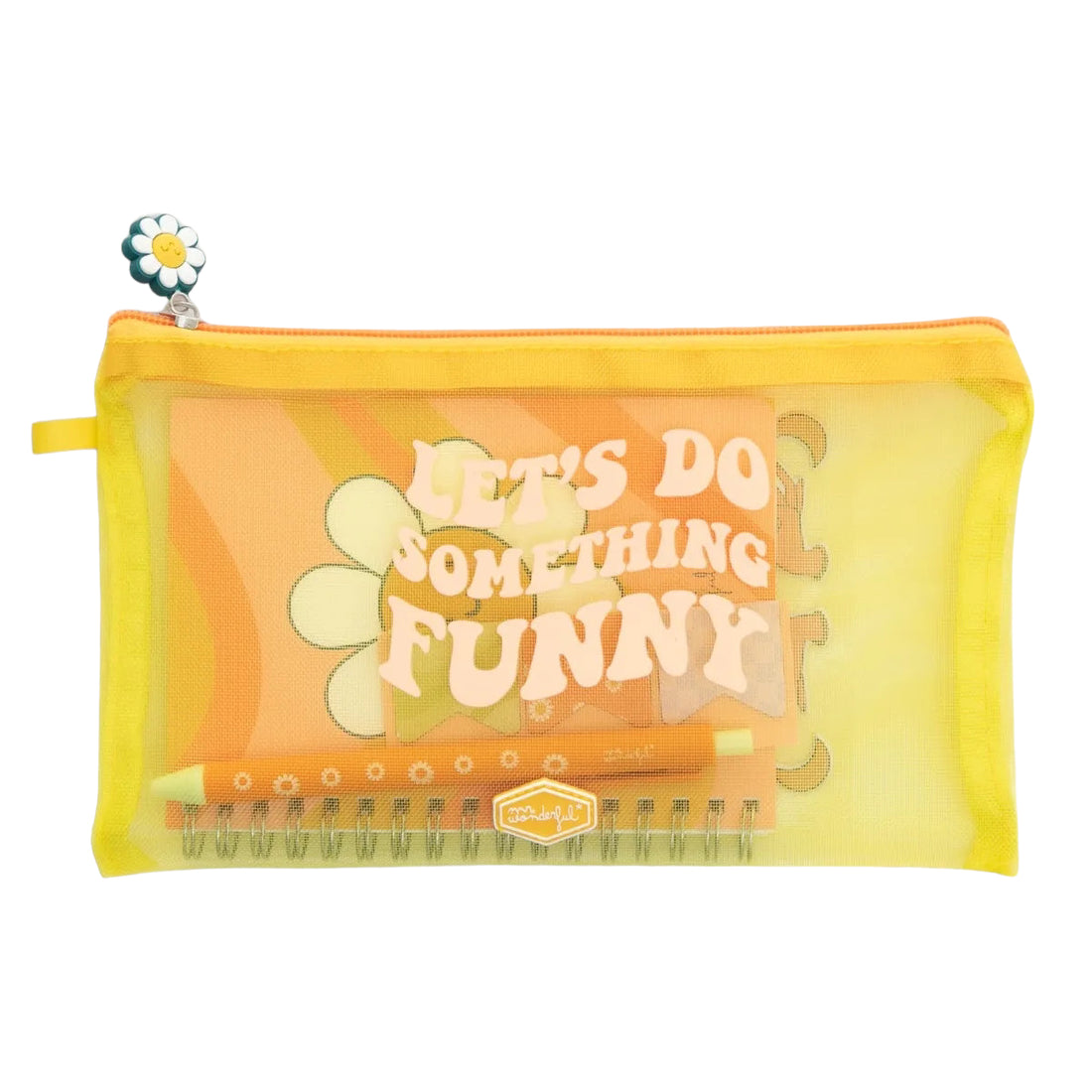 Writing kit items tucked inside yellow mesh pouch, showing daisy notebook and orange pen through the front.
