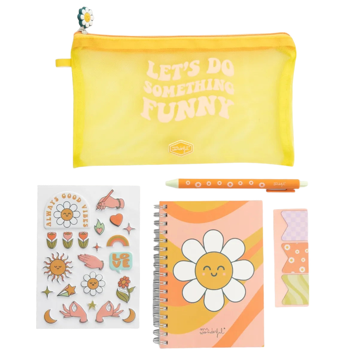 Yellow mesh rPET zip pouch reading ‘Let’s Do Something Funny’ with daisy pen, spiral notebook, sticker sheet, and magnetic bookmarks.