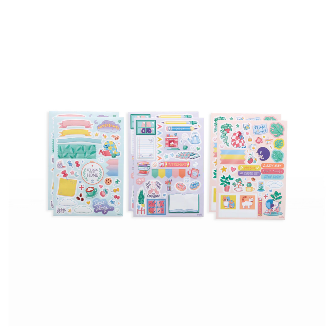 Indoorsy sticker pack featuring cats, books, mugs, plants, and cozy indoor-themed designs with over 200 vinyl, puffy, and paper stickers