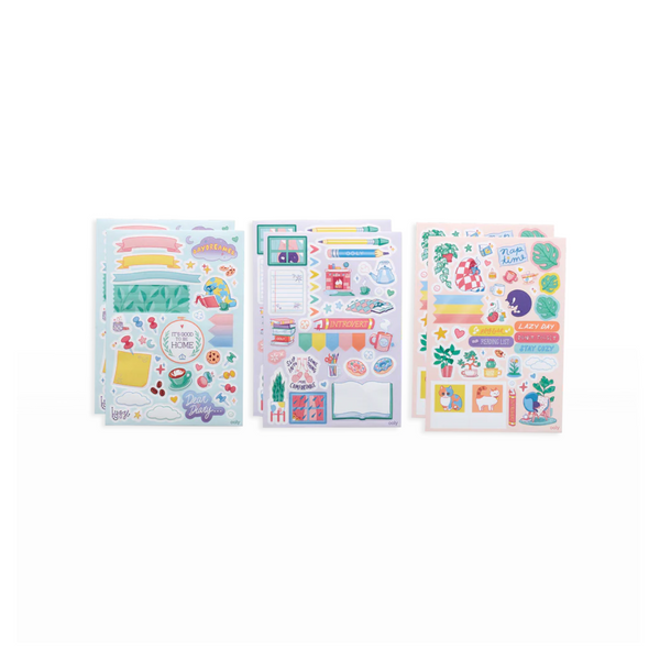 Indoorsy sticker pack featuring cats, books, mugs, plants, and cozy indoor-themed designs with over 200 vinyl, puffy, and paper stickers