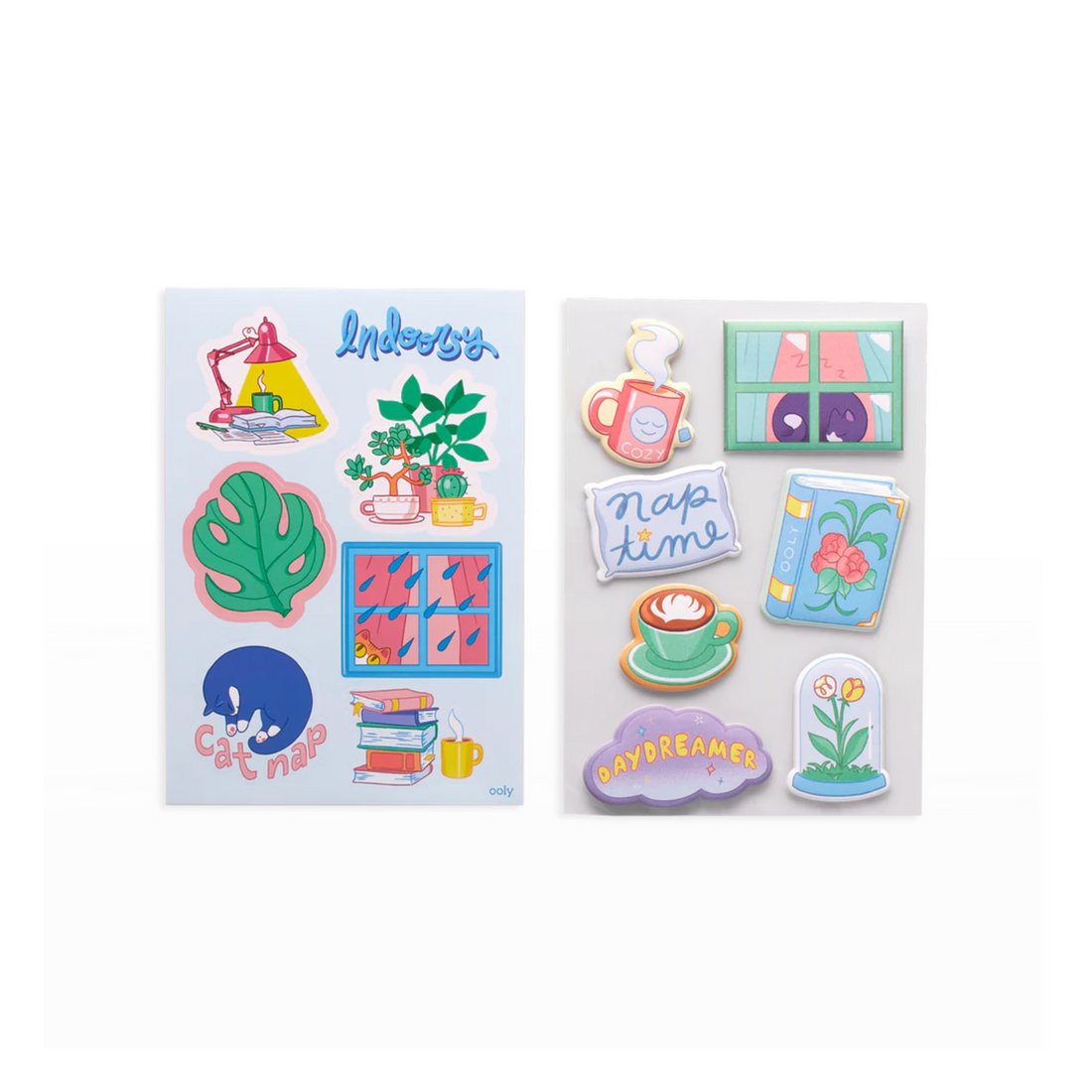 Indoorsy sticker pack featuring cats, books, mugs, plants, and cozy indoor-themed designs with over 200 vinyl, puffy, and paper stickers