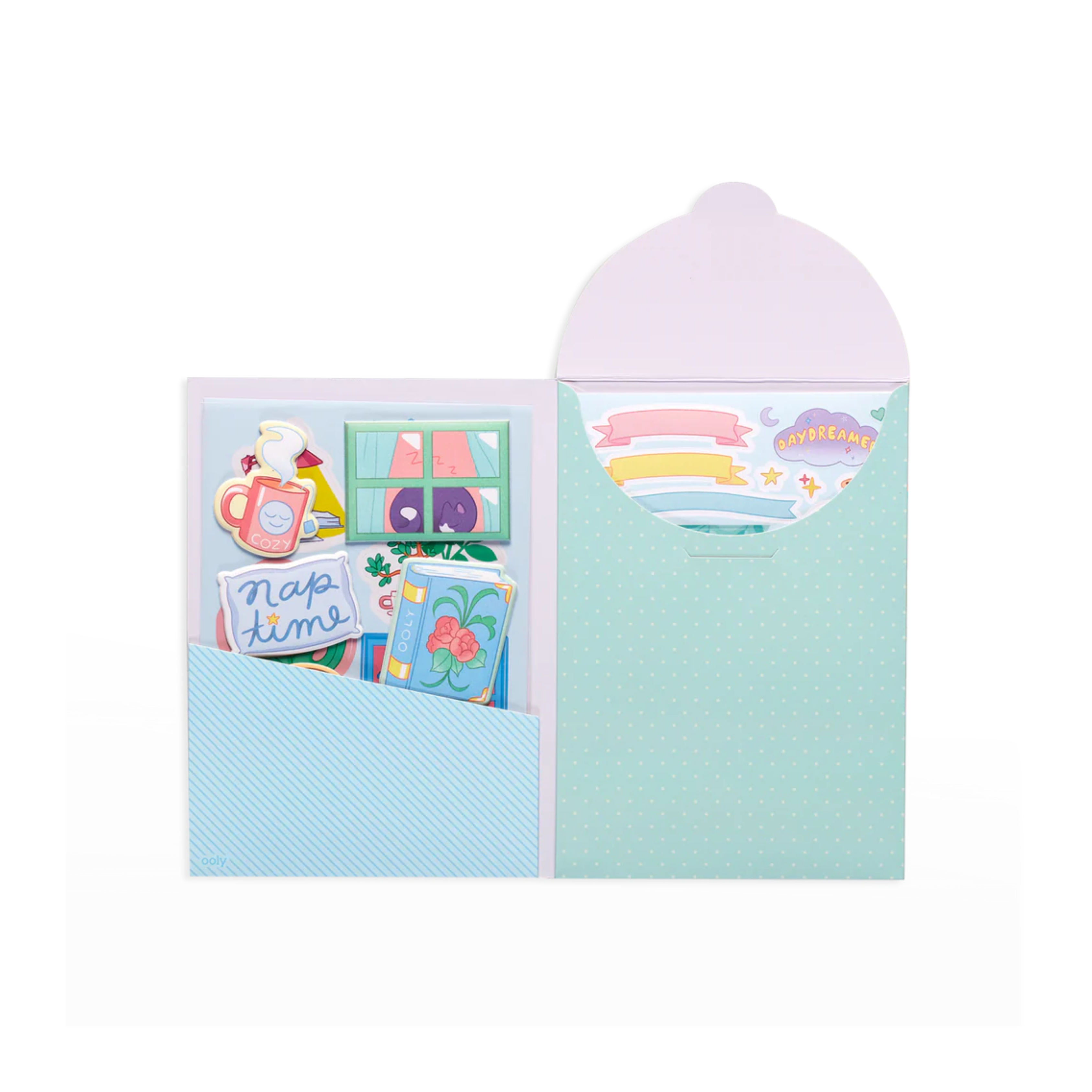 Indoorsy sticker pack featuring cats, books, mugs, plants, and cozy indoor-themed designs with over 200 vinyl, puffy, and paper stickers