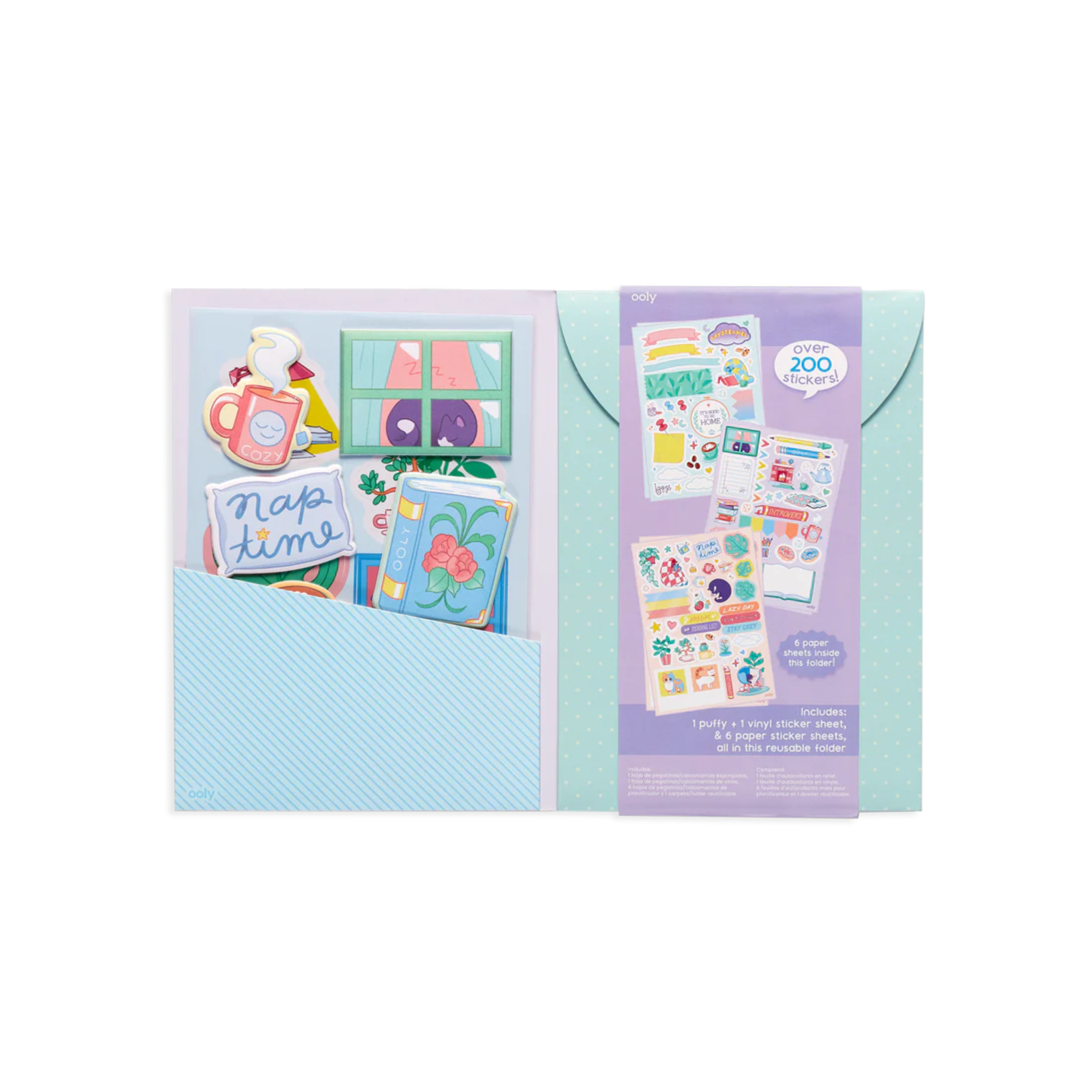 Indoorsy sticker pack featuring cats, books, mugs, plants, and cozy indoor-themed designs with over 200 vinyl, puffy, and paper stickers