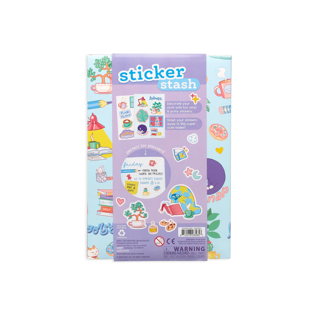 Indoorsy sticker pack featuring cats, books, mugs, plants, and cozy indoor-themed designs with over 200 vinyl, puffy, and paper stickers