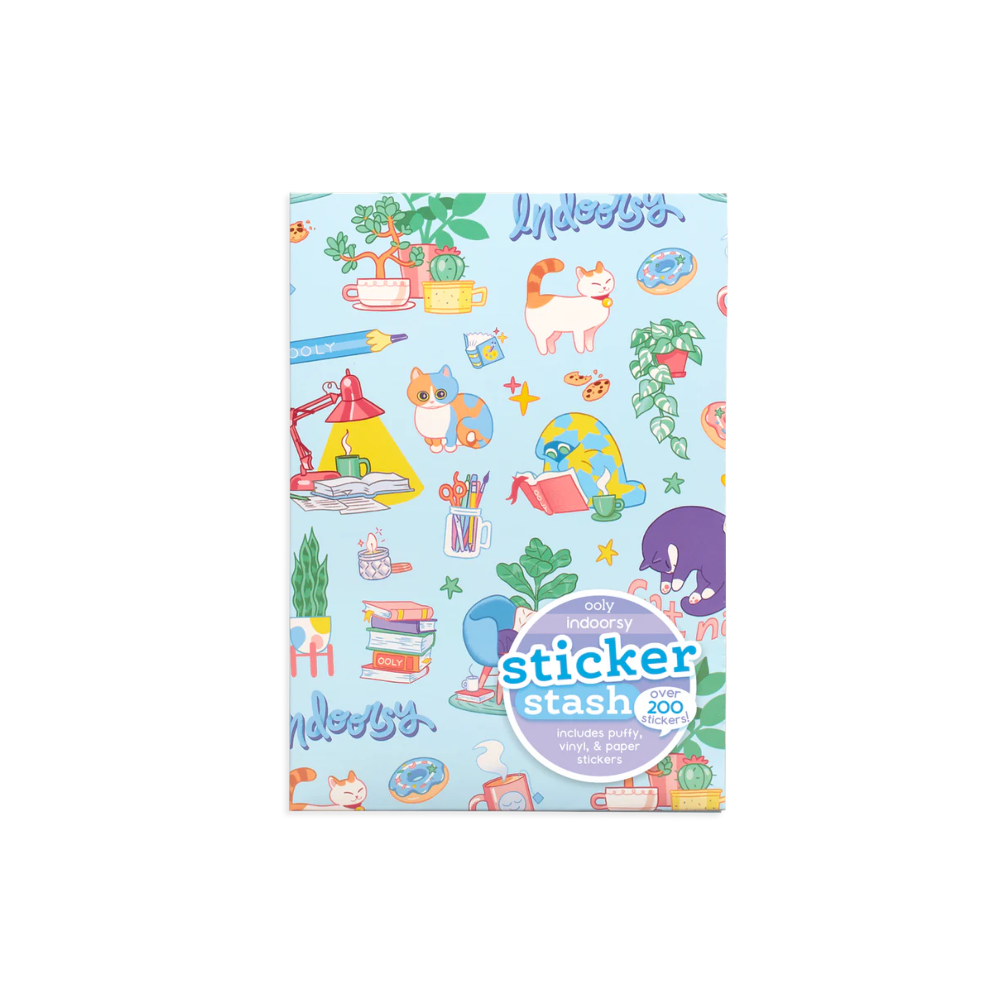 Indoorsy sticker pack featuring cats, books, mugs, plants, and cozy indoor-themed designs with over 200 vinyl, puffy, and paper stickers