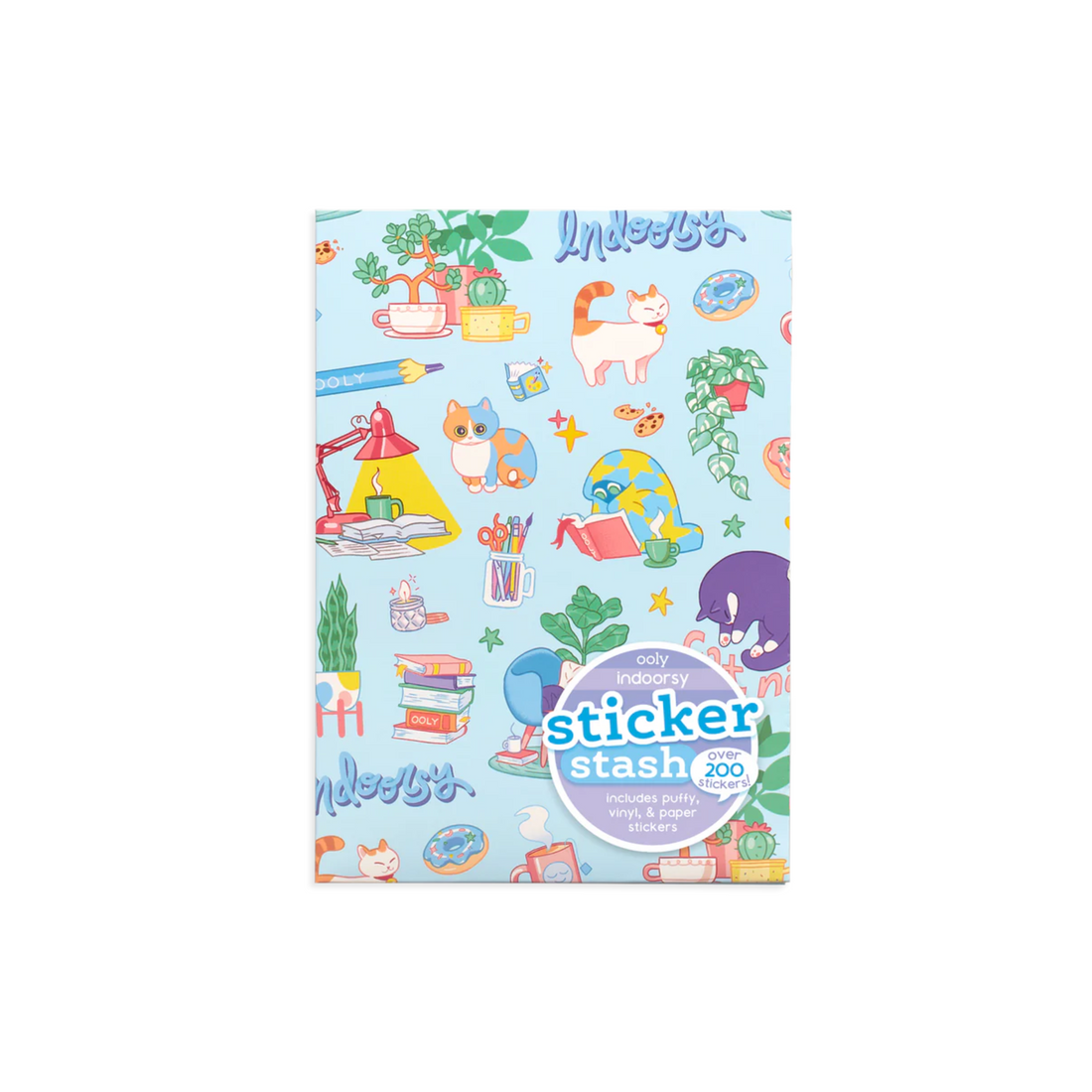 Indoorsy sticker pack featuring cats, books, mugs, plants, and cozy indoor-themed designs with over 200 vinyl, puffy, and paper stickers