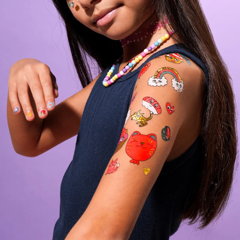 Kawaii temporary tattoos set with 50 cute neon, gold, and colorful designs, safe for kids – Funky Confetti