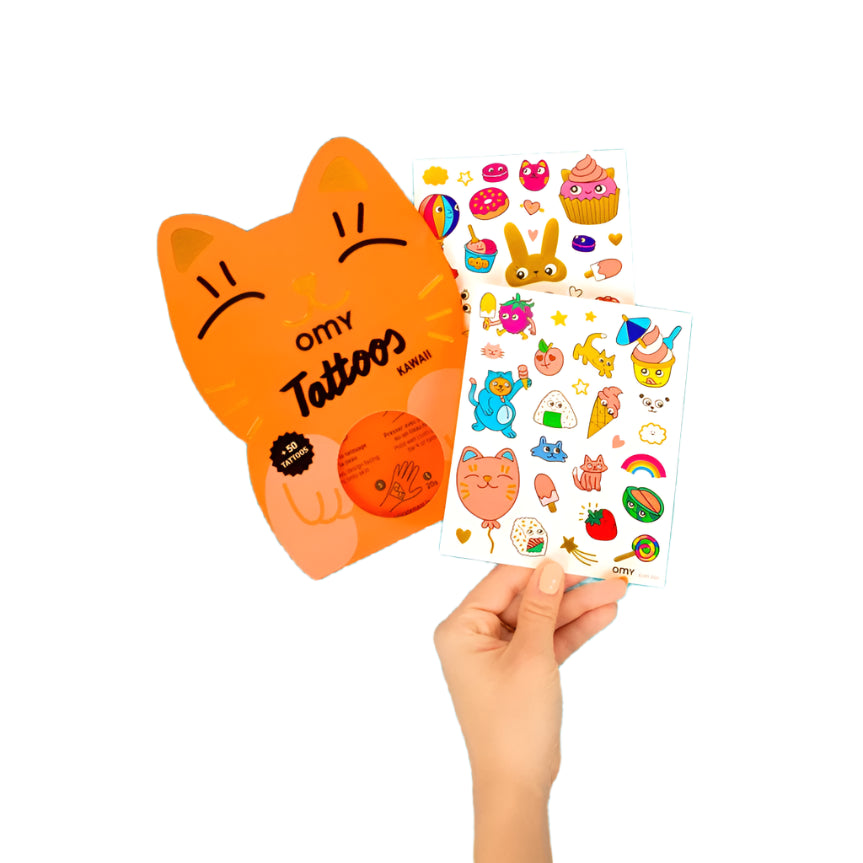 Kawaii temporary tattoos set with 50 cute neon, gold, and colorful designs, safe for kids – Funky Confetti