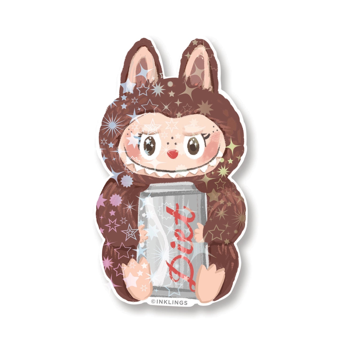 Holographic vinyl sticker of a cute brown Labubu monster holding a soda can with sparkling glitter finish – Funky Confetti