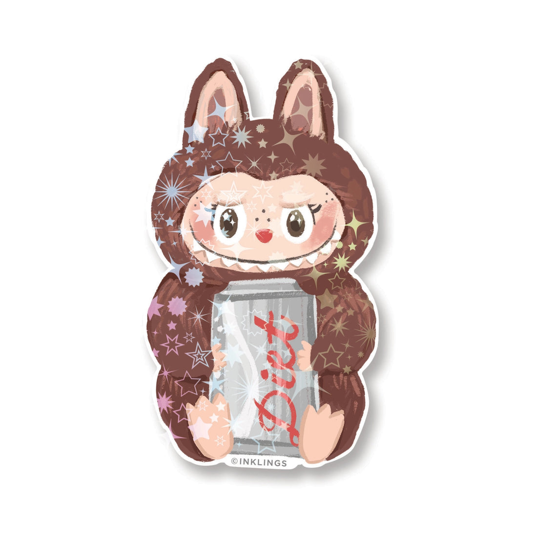 Holographic vinyl sticker of a cute brown Labubu monster holding a soda can with sparkling glitter finish – Funky Confetti