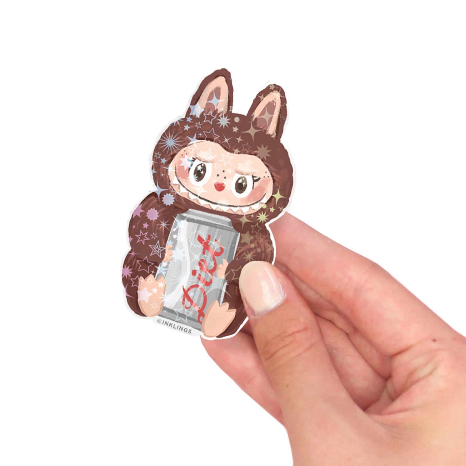 Holographic vinyl sticker of a cute brown Labubu monster holding a soda can with sparkling glitter finish – Funky Confetti